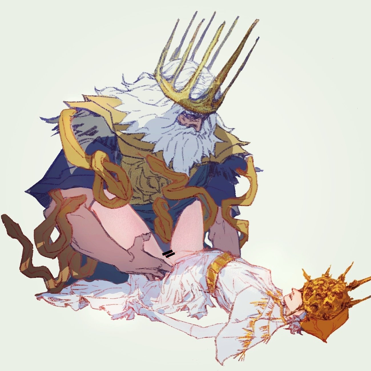 2boys, age difference, androgynous, bar censor, beard, clothed sex, crown, dark souls, dark sun gwyndolin, deity, facial hair, father, father and child, father and son, femboy, fromsoftware, gay, gwyn lord of cinder, implied anal, implied sex, incest, looking at another, male, male only, mask, masked, masked male, old male, older dom younger sub, older male and younger male, older penetrating younger, on back, parent and child, parent and son, yaoi