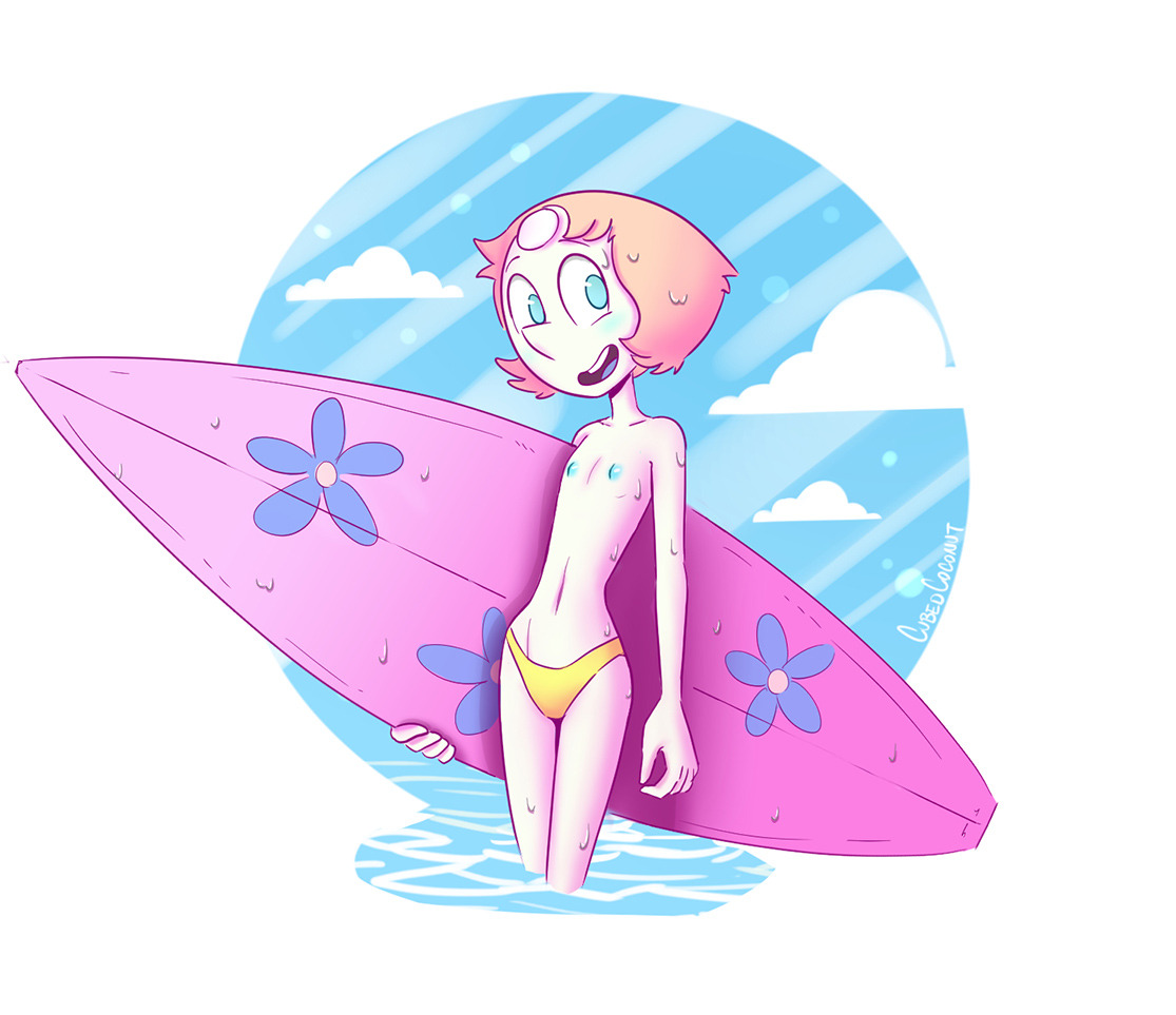 1girls, alien humanoid, beach, bikini bottom, blue eyes, breasts, brown hair, casual topless, cubedcoconut, cute, female, female only, flat chest, flat chested, panties only, pearl (steven universe), pixie cut, short hair, skinny, skinny female, small breasts, smile, smiling, solo, solo female, steven universe, surfboard, topless female, true flat chest, wet, wet skin