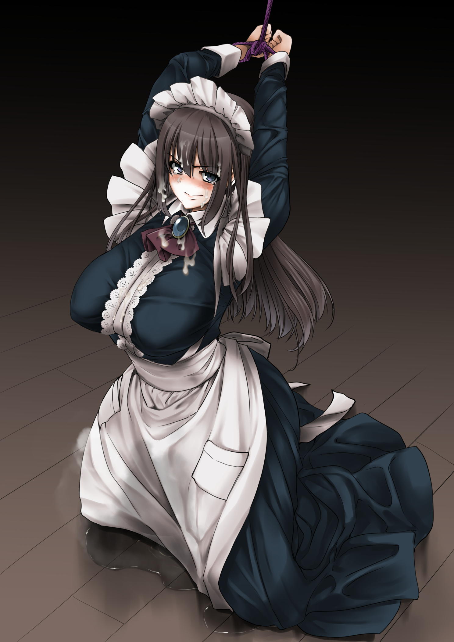 apron, arekishi raiho, black eyes, blush, bondage, bound, breasts, brown hair, bukkake, cum, embarrassed, female, highres, large breasts, long hair, looking at viewer, maid, maid apron, maid headdress, original, peeing, peeing self, rope, solo, tearing up, tears, urine