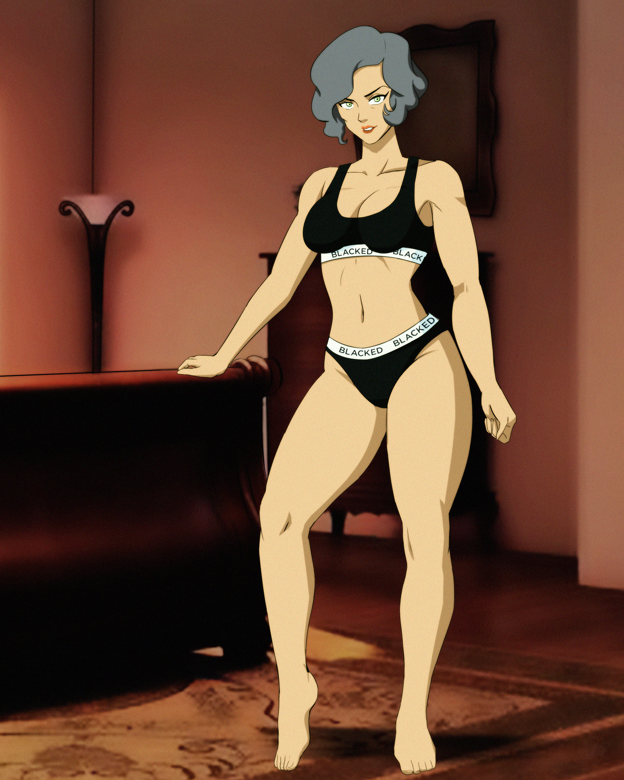 1girls, avatar the last airbender, barefoot, blacked, blacked clothing, bra, breasts, cleavage, color, colored, commission, commission art, commissioner upload, earth kingdom, feet, female, female only, fit, fit female, green eyes, grey hair, hair, human, indoors, inside, lipstick, looking at viewer, makeup, medium breasts, medium hair, navel, nickelodeon, open eyes, panties, salvamakoto, smile, smiling at viewer, smooth skin, solo, standing, suyin bei fong, the legend of korra, tiptoes, uncensored, underwear