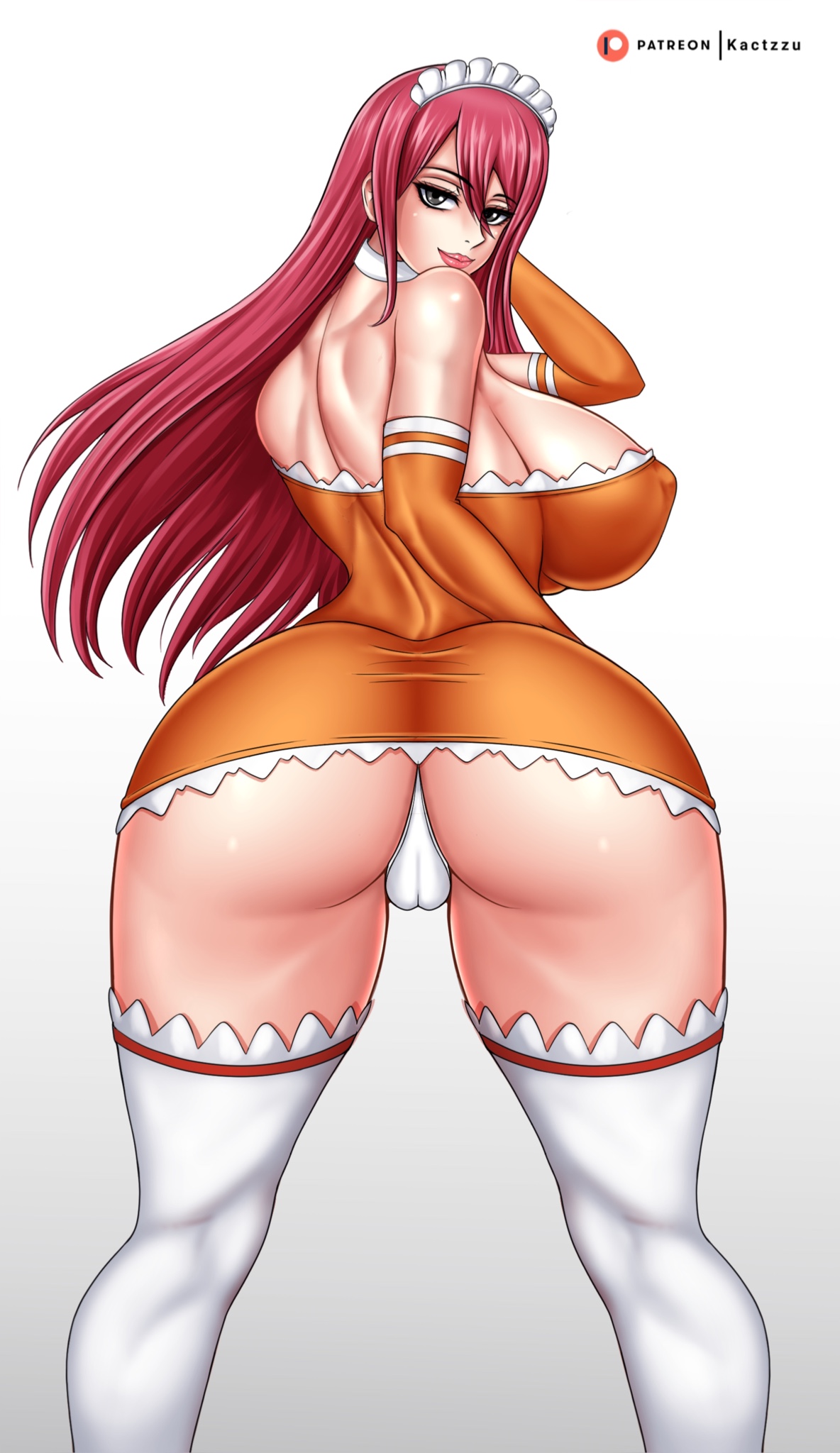 1girls, ass, big ass, big breasts, big butt, breasts, cameltoe, erza scarlet, eye contact, fairy tail, female, female focus, female only, huge ass, huge breasts, huge butt, kactzzu, lipstick, long hair, looking at viewer, looking back, pussy, red eyes, red hair, red-haired female, sideboob, solo, standing, thick thighs, thong, white thong