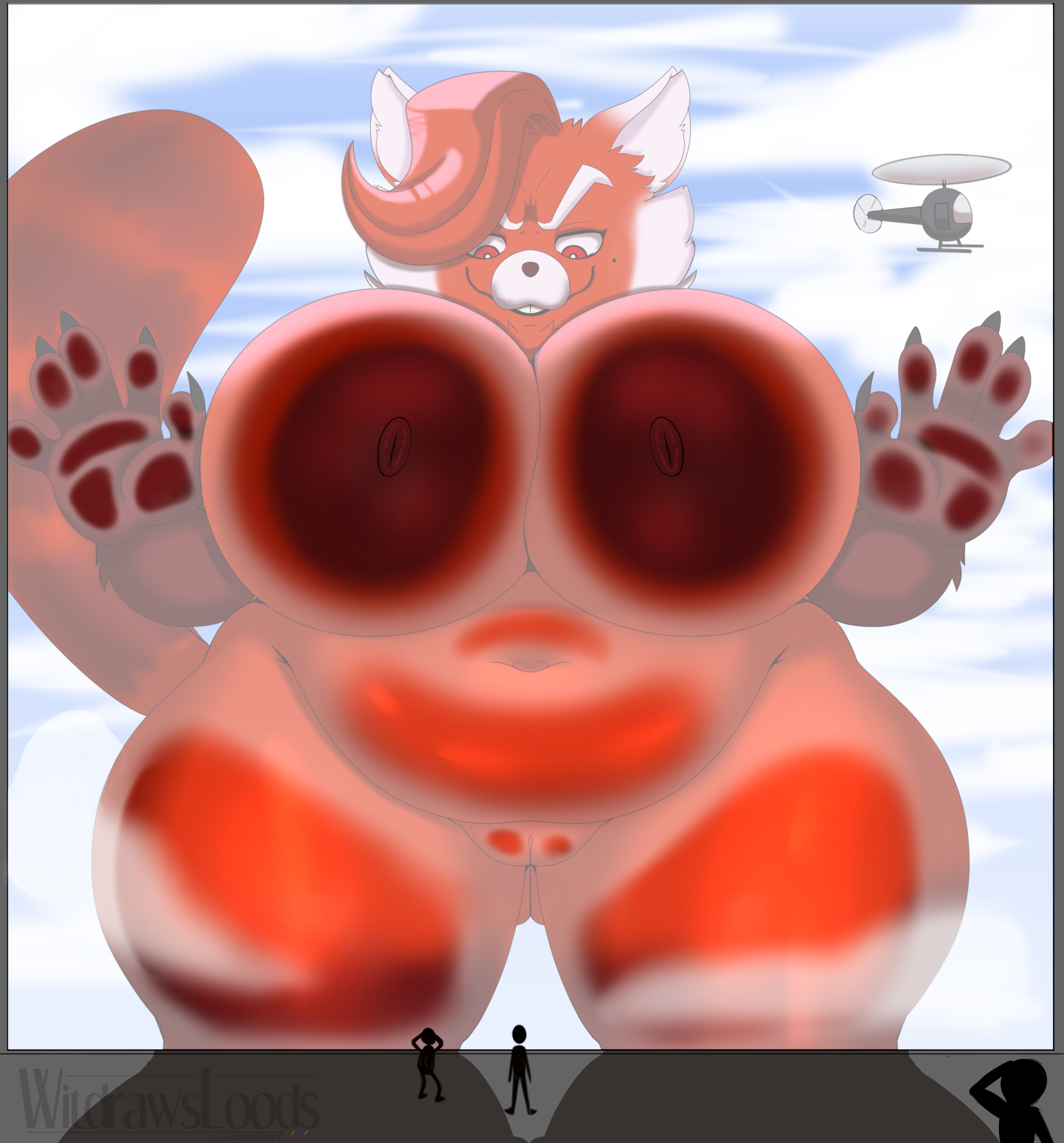 1girls, absurd res, against surface, ailurid, aircraft, alternate version available, ambiguous gender, anthro, anthro only, areola, belly, big breasts, breasts, breasts against glass, curvy figure, disney, female, female focus, genitals, giant panda, giantess, glass, group, hair, helicopter, hi res, huge breasts, huge hips, huge thighs, human, kaiju, looking down, looming, macro, mammal, markings, ming lee, mole (marking), navel, nipples, nude, on glass, overweight, overweight female, pixar, pussy, red areola, red body, red eyes, red fur, red hair, red nipples, red panda, slightly chubby, smile, thick thighs, turning red, voluptuous, wide hips, witdrawsloods