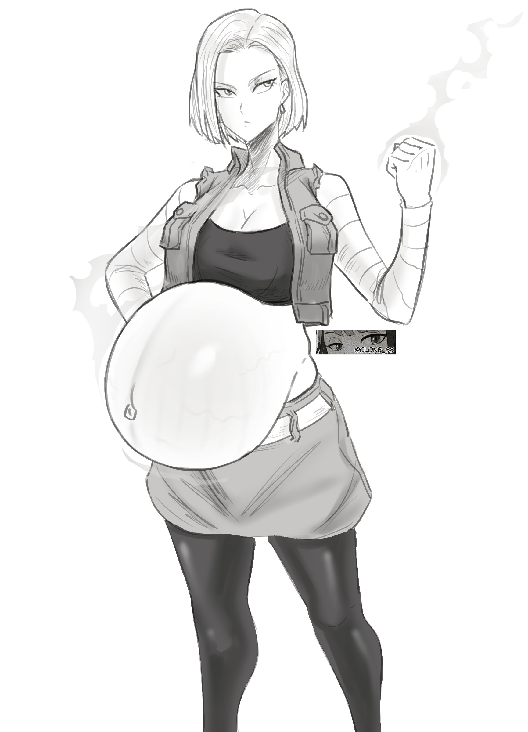 1girls, android 18, breasts, cleavage, clone66, dragon ball, dragon ball z, female, female only, huge belly, linea nigra, monochrome, pregnant, ready to pop, solo, stretch marks, torpedo belly, veiny belly
