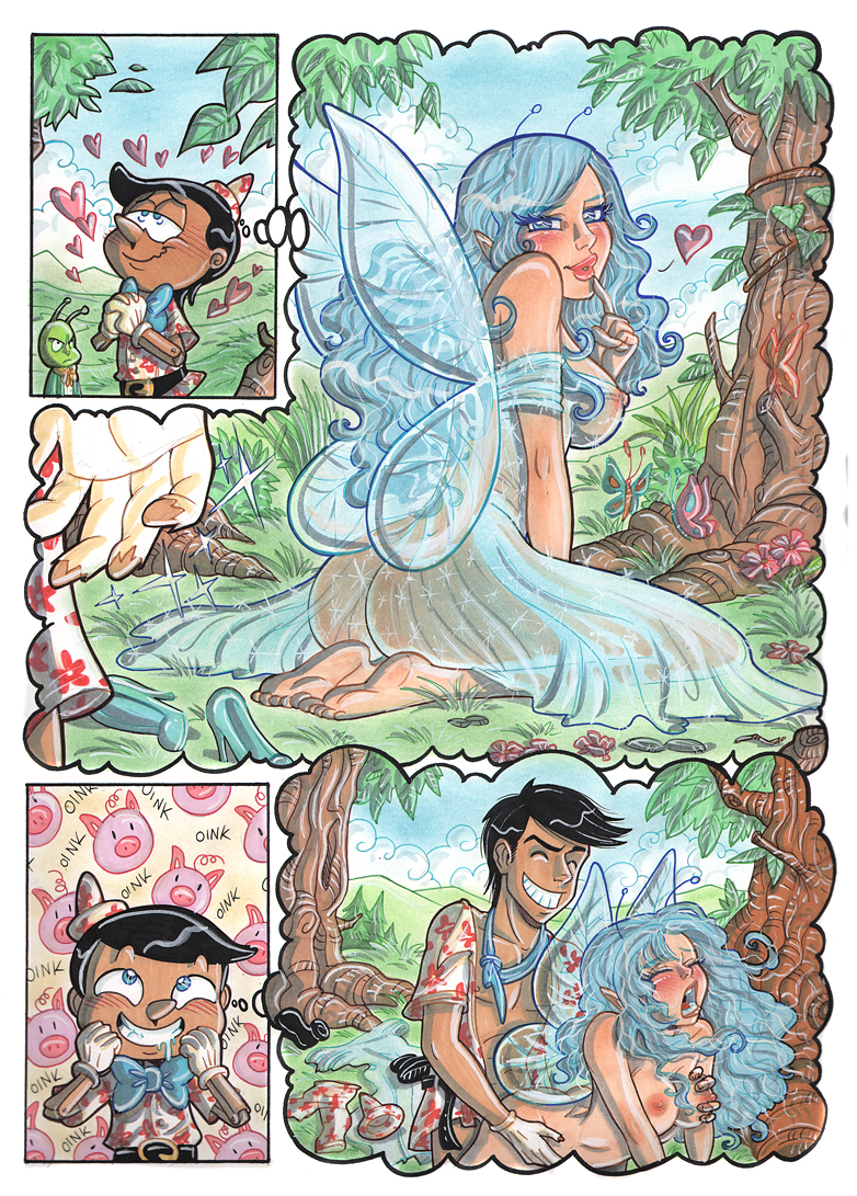 1girls 2boys ass blue_fairy blue_hair comic comic_page doggy_style dream dreaming elena_mirulla fairy fairy_wings jiminy_cricket nude orgasm orgasm_face pinocchio pinocchio_(character) see-through sheer