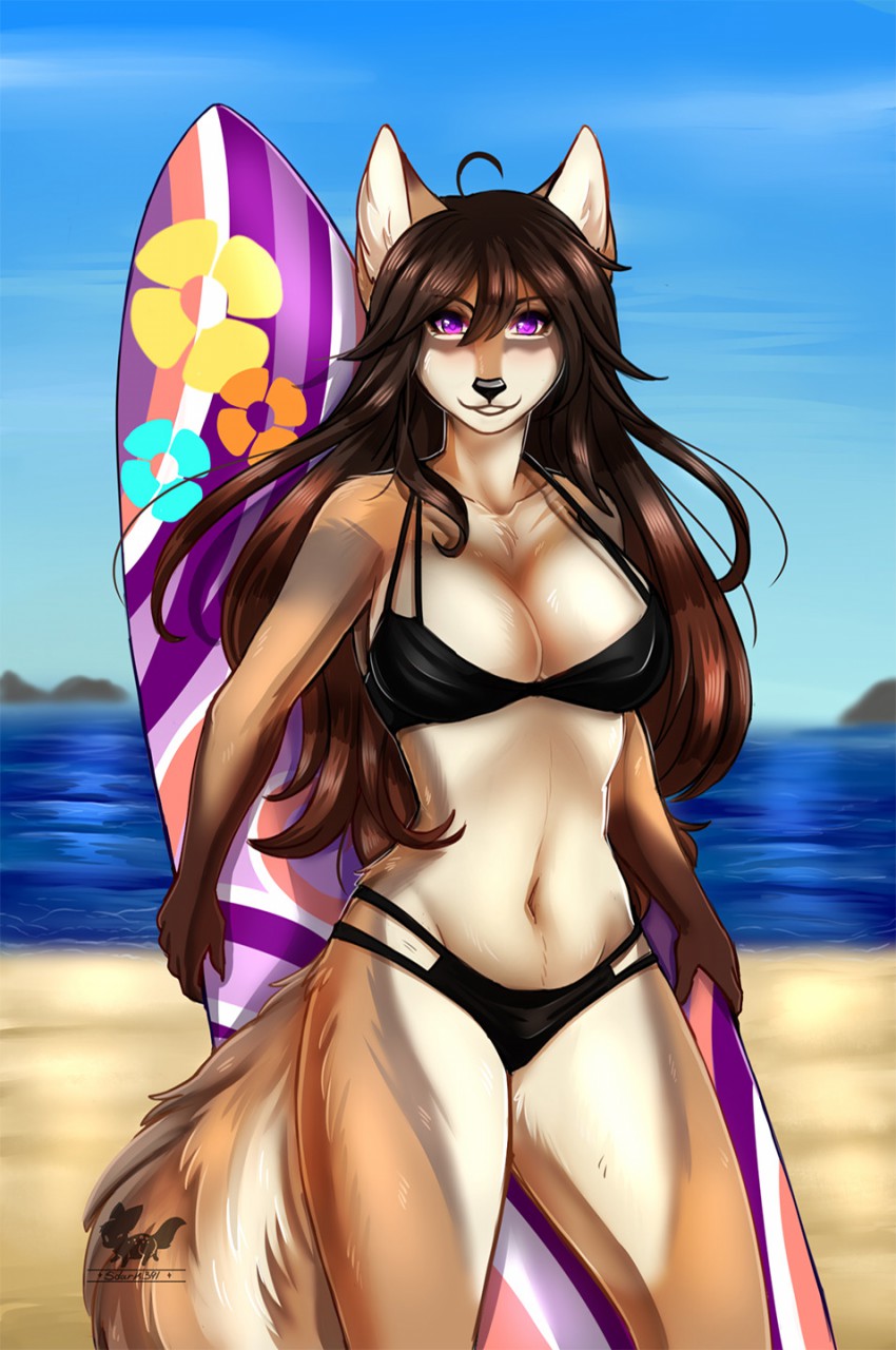 5_fingers anthro artist_name athletic athletic_female beach belly_button bikini black_bikini black_hair black_nose black_panties breast brown_body brown_fur brown_hair canine canine_humanoid cleavage ear_tuft eyebrows eyebrows_visible_through_hair eyelashes female female_only furry furry_female furry_only gil_(jonti) grey_fur hair long_hair looking_at_viewer mammal mammal_humanoid multicolored_body multicolored_fur multicolored_hair panties purple_eyes sdark391 solo solo_female surfboard tagme teeth teeth_showing tuft water white_body white_fur white_sclera wolf wolf_humanoid