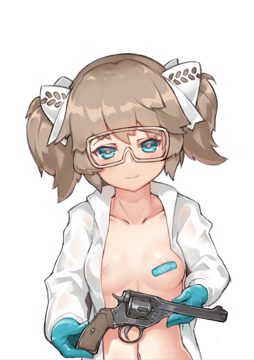 areola_slip areolae bandaid bandaids_on_nipples blue_eyes blue_gloves blue_pasties brown_hair collarbone girls'_frontline gloves goggles gun hair_ribbon handgun heart heart-shaped_pupils highres holding holding_gun holding_weapon navel open_clothes open_shirt pasties pasties_with_text revolver ribbon shirt short_hair short_twintails simple_background smile solo stmaster symbol-shaped_pupils twintails upper_body weapon webley_(girls'_frontline) white_background white_ribbon white_shirt