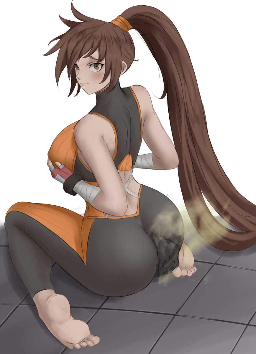 anonymous artist, ass, barefoot, big ass, brown hair, dnf duel, dungeon and fighter, dungeon fighter online, fart, fart cloud, fart fetish, farting, feet, female, ponytail, scat, soiling, soles, striker (dungeon and fighter), toes