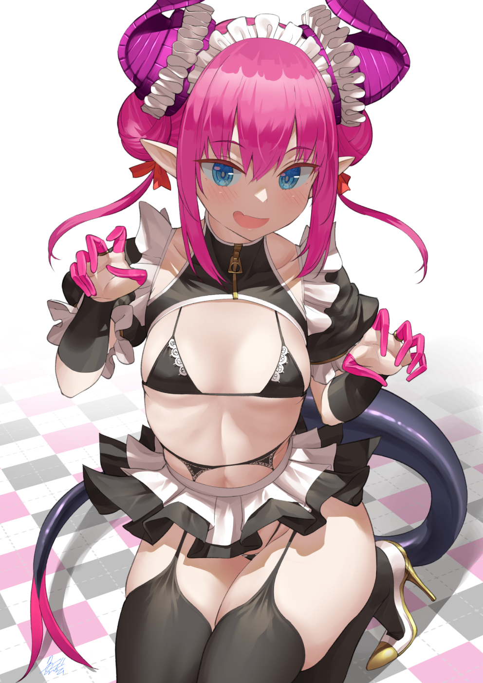 1girls 2022 blue_eyes breasts double_bun dragon_girl dragon_horns dragon_tail elizabeth_bathory_(fate) fate/grand_order fate_(series) female female_only flat_chest garter_straps hair_bun high_heels horns maid maid_bikini maid_outfit maid_uniform pale-skinned_female pale_skin petite pink_hair pointy_ears small_breasts tail thighhighs thighs uo_denim