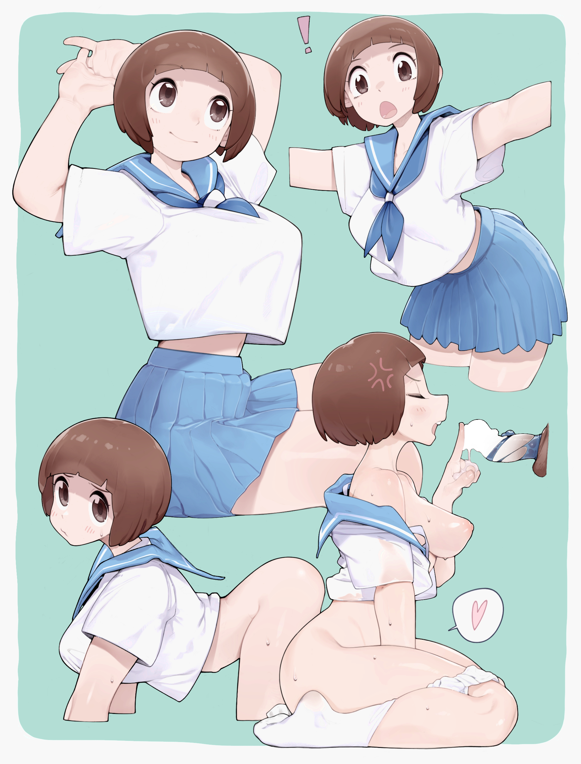 1boy, 1girls, aioi u, anger vein, annoyed, areolae, big breasts, blush, breasts, broken condom, brown eyes, brown hair, brown-haired female, calves, condom, female, finger on penis, heart, kill la kill, kneeling, looking at viewer, male, mankanshoku mako, nipples, partially clothed, penis, short hair, smile, socks, straight, sweat, thick thighs, thighs, touching penis, white socks