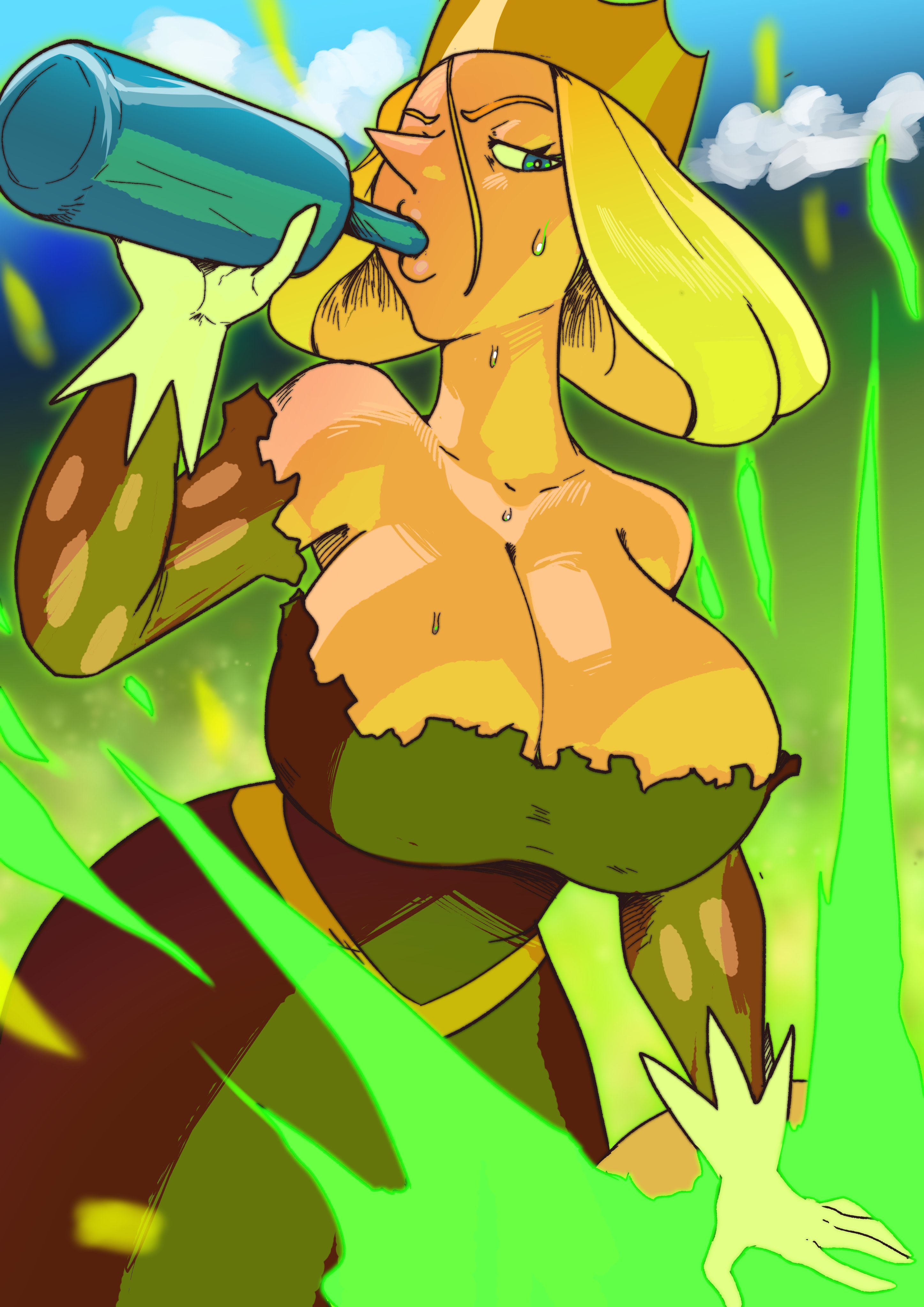1girls, big breasts, blonde hair, blue eyes, bottle, breasts, cleavage, clothed, clothing, drinking, drunk, female, female only, huge breasts, lemonfont, light skin, light-skinned female, mature female, milf, mother, ousama ranking, pointy nose, queen hilling, ripped clothing, solo, sweat, sweating