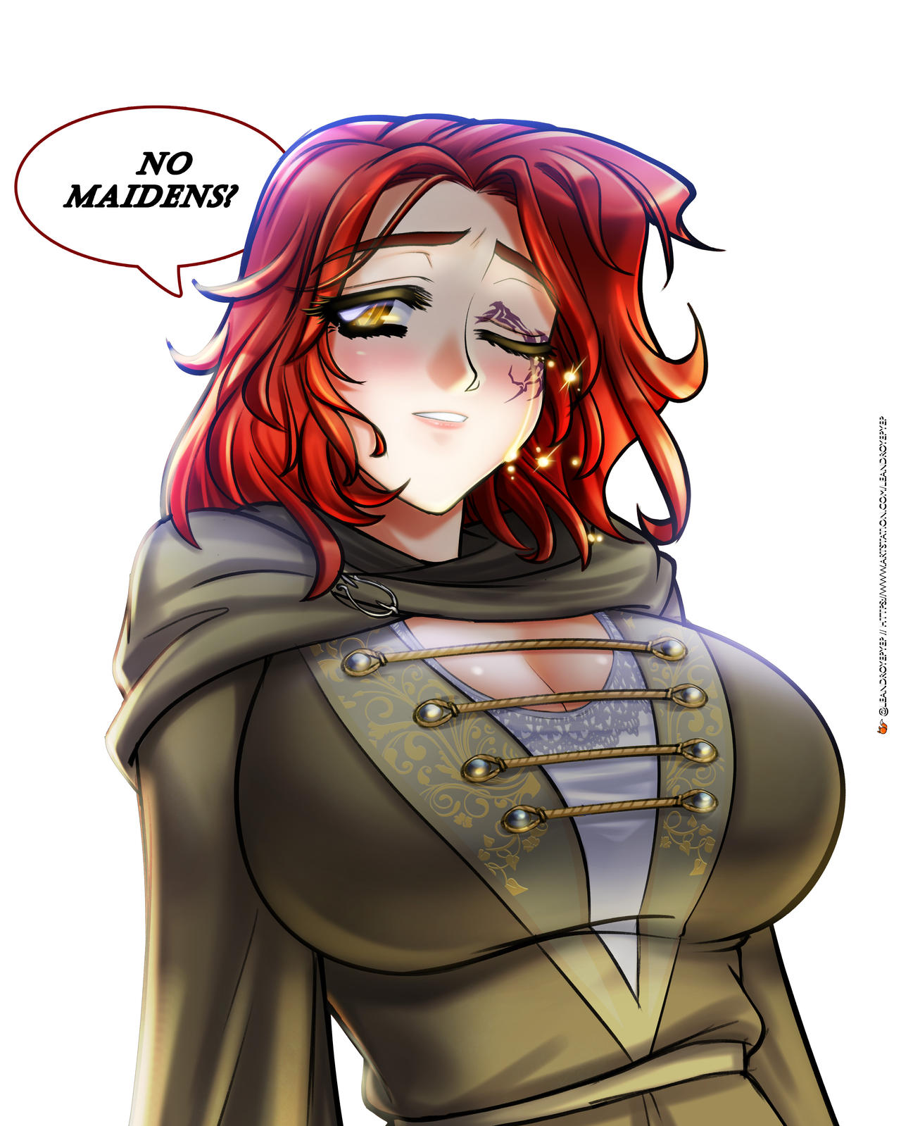 1girls, 2d, big breasts, breasts, cleavage, elden ring, english text, female, female only, fromsoftware, leandro comics, light skin, light-skinned female, maidenless, melina (elden ring), meme, no bitches? (meme), solo