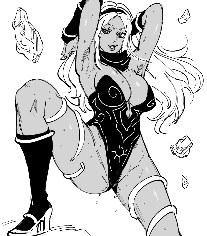 armpits, bb (baalbuddy), big breasts, blonde hair, breasts, dark skin, dark-skinned female, female, gravity rush, hairband, high heels, kat (gravity rush), long hair, looking at viewer, monochrome, scarf, sketch, smile, sweat, sweating, white background