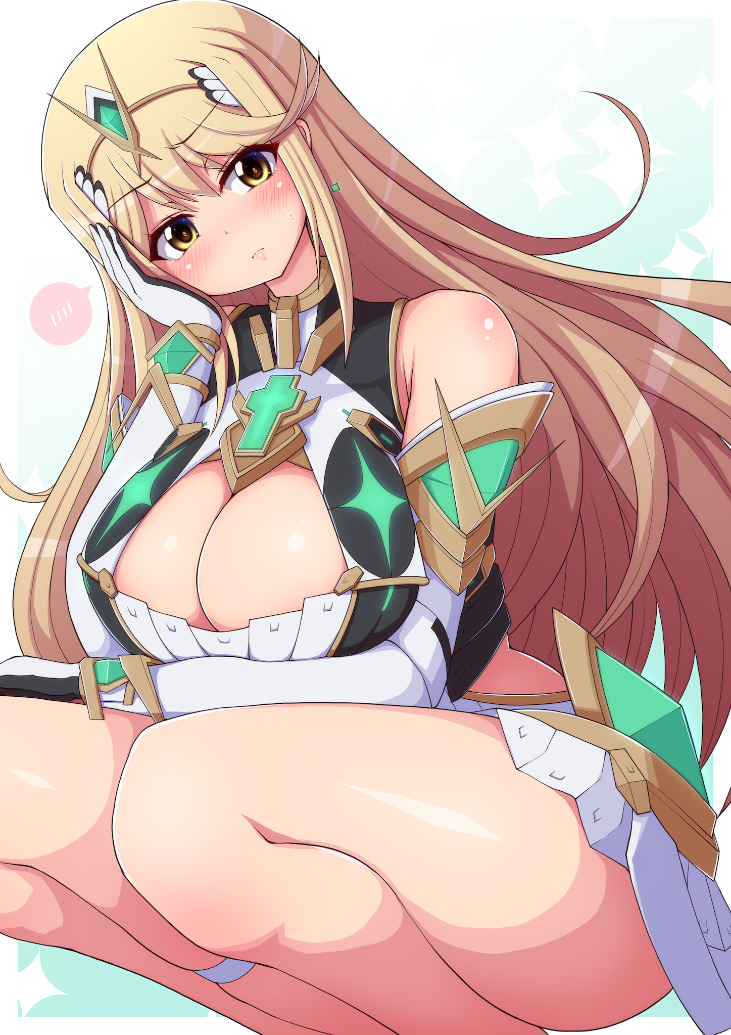 1girls, ass, bangs, bare shoulders, big breasts, blonde hair, blush, blush lines, blushing at viewer, breasts, busty, chest jewel, cleavage, curvy, female, female focus, female only, gloves, jewel, large breasts, light skin, light-skinned female, long gloves, long hair, mythra, ponpo, ponponmaru, skirt, solo, solo female, squatting, super smash bros., sweatdrop, swept bangs, tagme, thick thighs, thighs, tiara, voluptuous, xenoblade (series), xenoblade chronicles 2, yellow eyes
