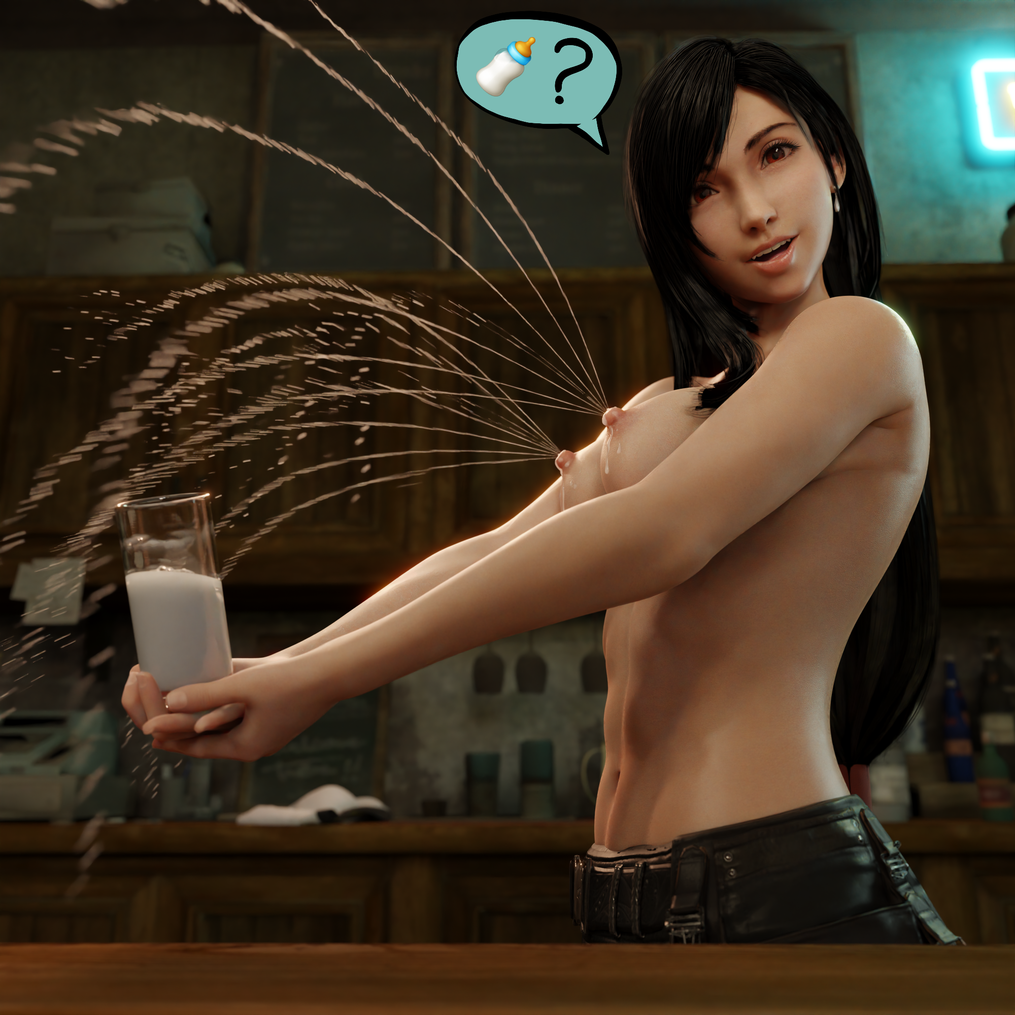 1girls, 3d, big breasts, big nipples, black hair, breast milk squirt, breast milking, breast press, breast squeeze, breasts, breasts out, breasts outside, female, female focus, female only, final fantasy, final fantasy vii, glass of milk, kakeogkjeks, lactating, lactation, lactation without expressing, milk, milk drip, milk squirt, milk trail, milking, milking breasts, muscular, muscular female, red eyes, six pack, solo, solo female, tifa lockhart, topless, topless female
