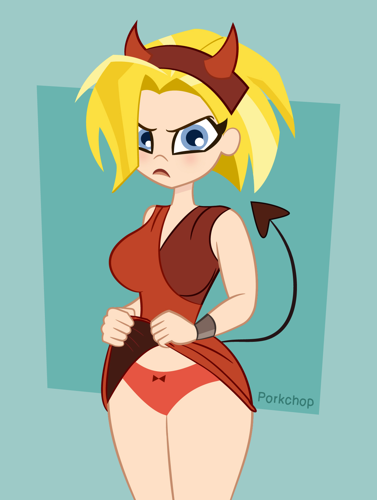 1girls, annoyed, blonde hair, blue eyes, blush, dc, dc comics, dc super hero girls, demon horns, demon tail, dr. mephisocrates, dress lift, female, female only, kara danvers, kara zor-el, lifted by self, panties, porkchop (artist), short hair, superman (series)