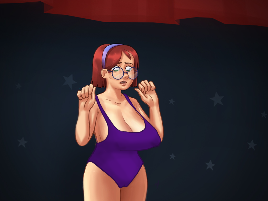 1girls, bathing suit, breasts, chubby, chubby female, female, glasses, huge breasts, judith (summertime saga), short hair, solo, summertime saga, swimsuit, swimwear