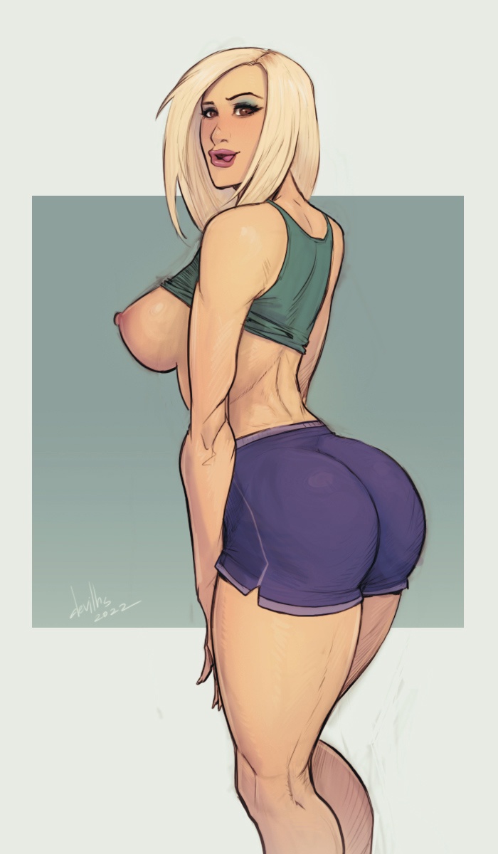 1girls 2d areolae ass blonde_hair breasts devil_hs fanart female female_focus female_only light-skinned_female light_skin long_hair nipples notrespassers pale-skinned_female pale_skin rear_view sideboob solo standing tank_top tank_top_lift