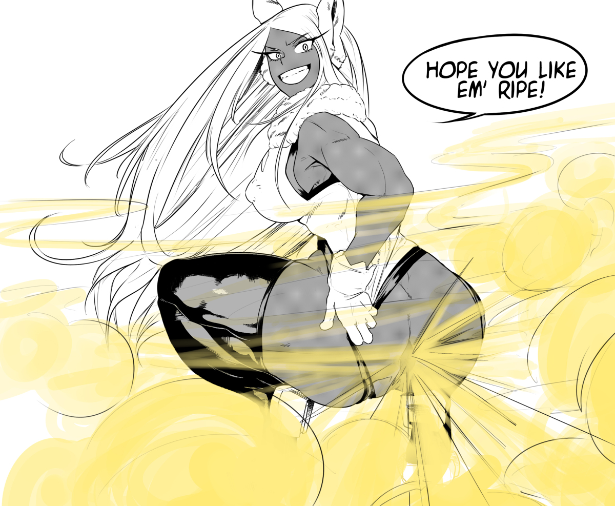 anonymous artist, anus, ass, big ass, dark skin, dark-skinned female, fart, fart cloud, fart fetish, farting, female, miruko, my hero academia, rumi usagiyama, speech bubble