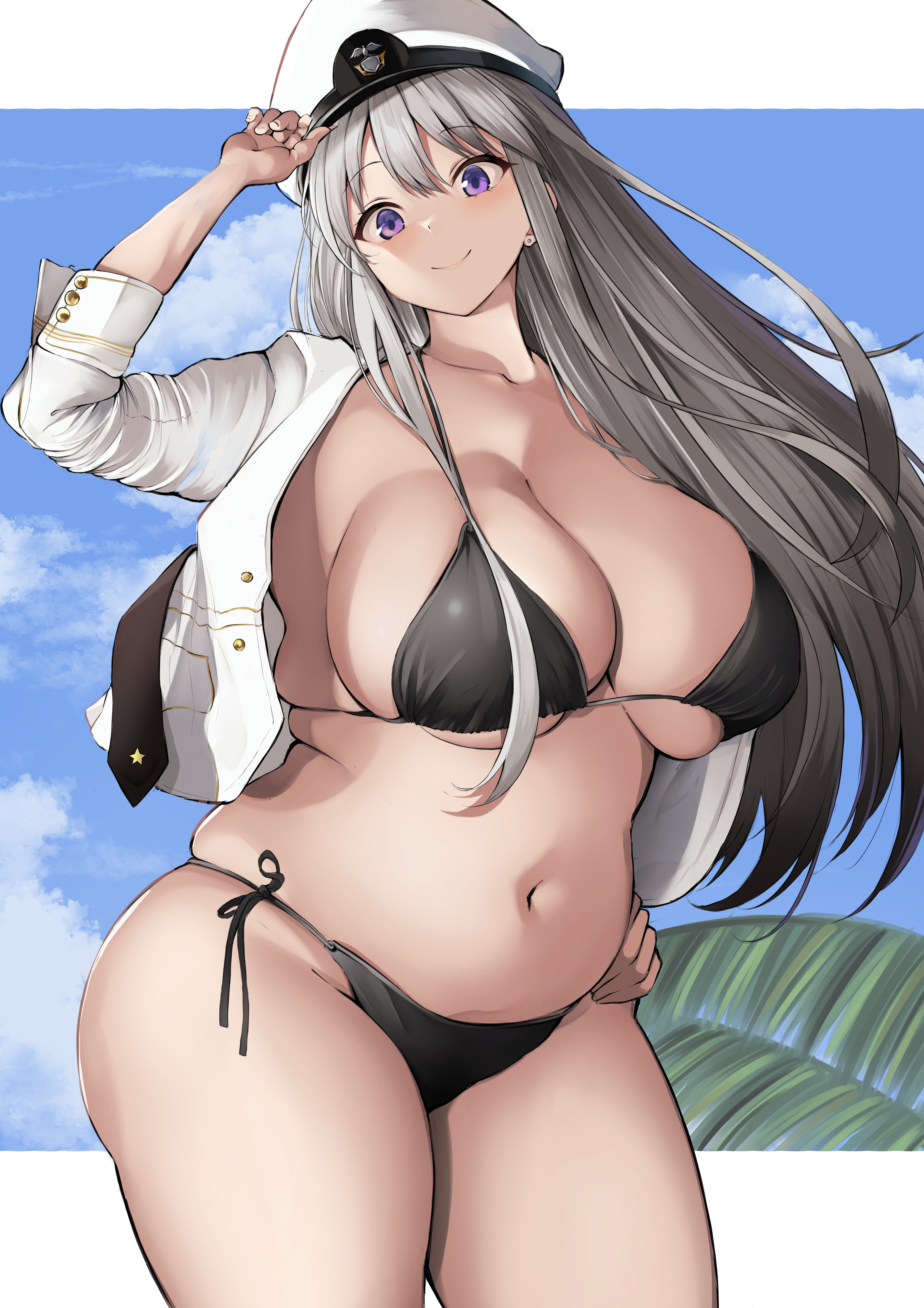 absurdres, azur lane, belly, bikini, black bikini, breasts, chubby, cleavage, cowboy shot, curvy, enterprise (azur lane), female, hat, highres, large breasts, long hair, long sleeves, looking at viewer, navel, neneneji, open clothes, open shirt, peaked cap, plump, shirt, side-tie bikini, silver hair, smile, solo, swimsuit, white shirt