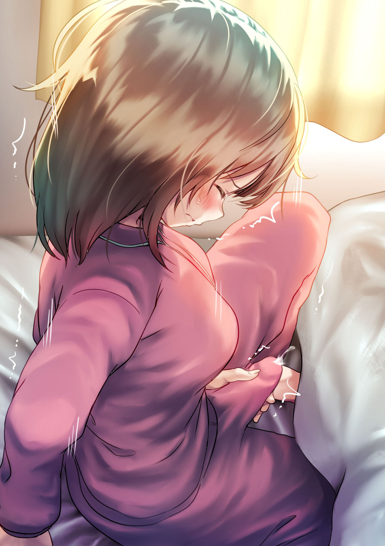 1futa, ayanakitori, bed, blush, breasts, closed eyes, clothed, clothing, cum, cum in clothes, cum through clothes, cumshot, detailed background, dickgirl, ejaculation, erection, erection under clothes, fully clothed, futa only, futa sans balls, futanari, handjob, high-angle view, human, intersex, light skin, light-skinned futa, masturbation, masturbation through clothing, morning wood, orgasm, penis, penis bulge, penis grab, penis under clothes, tenting