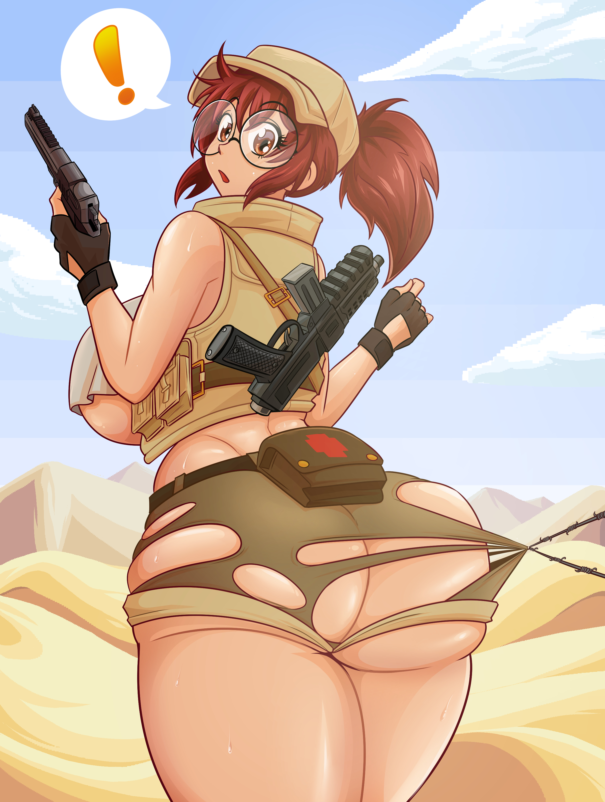 !, 1girls, accidental exposure, ass, big ass, big breasts, big butt, big thighs, breasts, brown eyes, brown hair, exposed ass, female, female focus, female only, fio germi, glasses, gun, hat, huge ass, huge breasts, huge butt, inconvenient ass, kogeikun, large ass, metal slug, ponytail, ripped clothing, ripped shorts, round ass, shorts, sideboob, solo, surprised, thick, thick ass, thick thighs, thunder thighs, torn clothes, torn clothing, torn shorts, wardrobe malfunction, wide hips