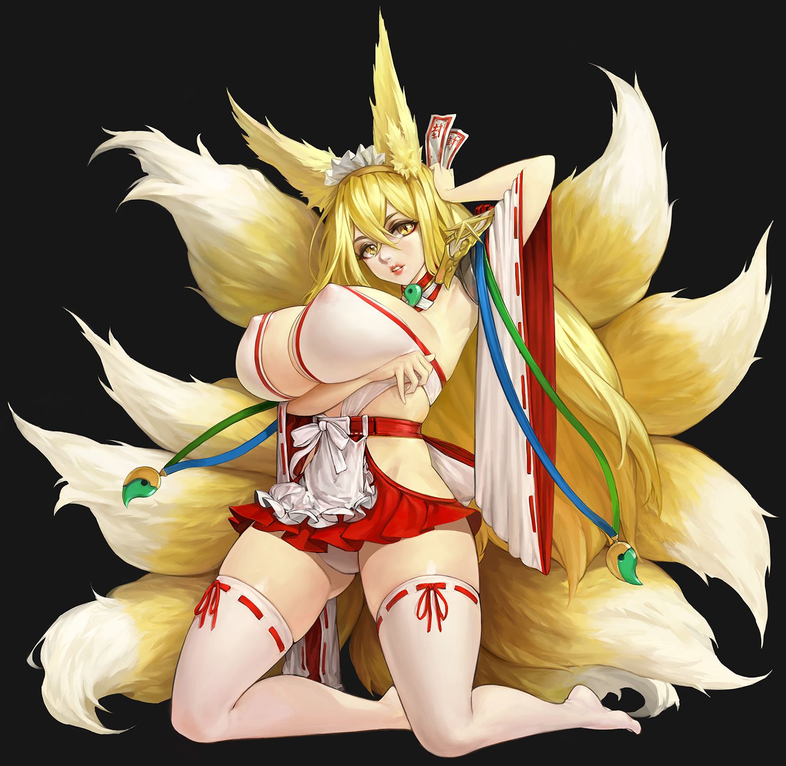 1girls, animal ear fluff, animal ears, apron, arm under breasts, arm up, bangs, bare shoulders, black background, breasts, chronodash, cleavage, covered nipples, detached sleeves, female, fox ears, fox girl, fox tail, frilled apron, frills, hair between eyes, hairband, hakama, hakama short skirt, hakama skirt, highres, hirume of heavenly incense, huge breasts, japanese clothes, kitsune, kneeling, kyuubi, last origin, long hair, magatama, maid headdress, miko, multi tail, panties, pantyshot, ribbon trim, ribbon-trimmed legwear, ribbon-trimmed sleeves, simple background, sitting, skindentation, skirt, slit pupils, solo, tail, thighhighs, underwear, very long hair, white legwear, white panties, wide sleeves