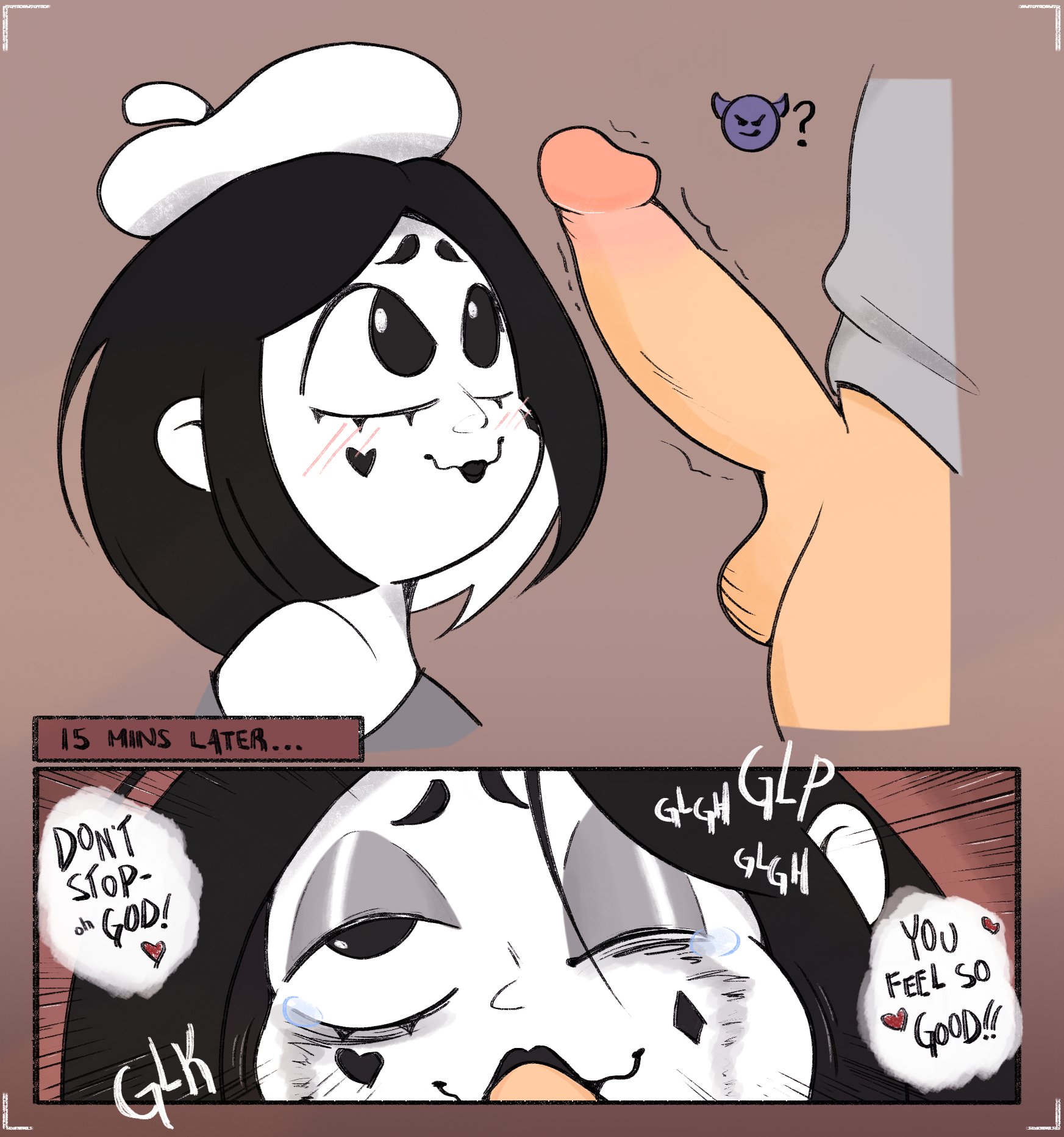 1boy, 1girls, blowjob, bottomless, cock, ditdpl, female, female focus, henriette the mime, iseenudepeople, male, male/female, mime, penis, tears, tears of pleasure, thought bubble, throat fuck, throbbing, throbbing penis, unseen male face