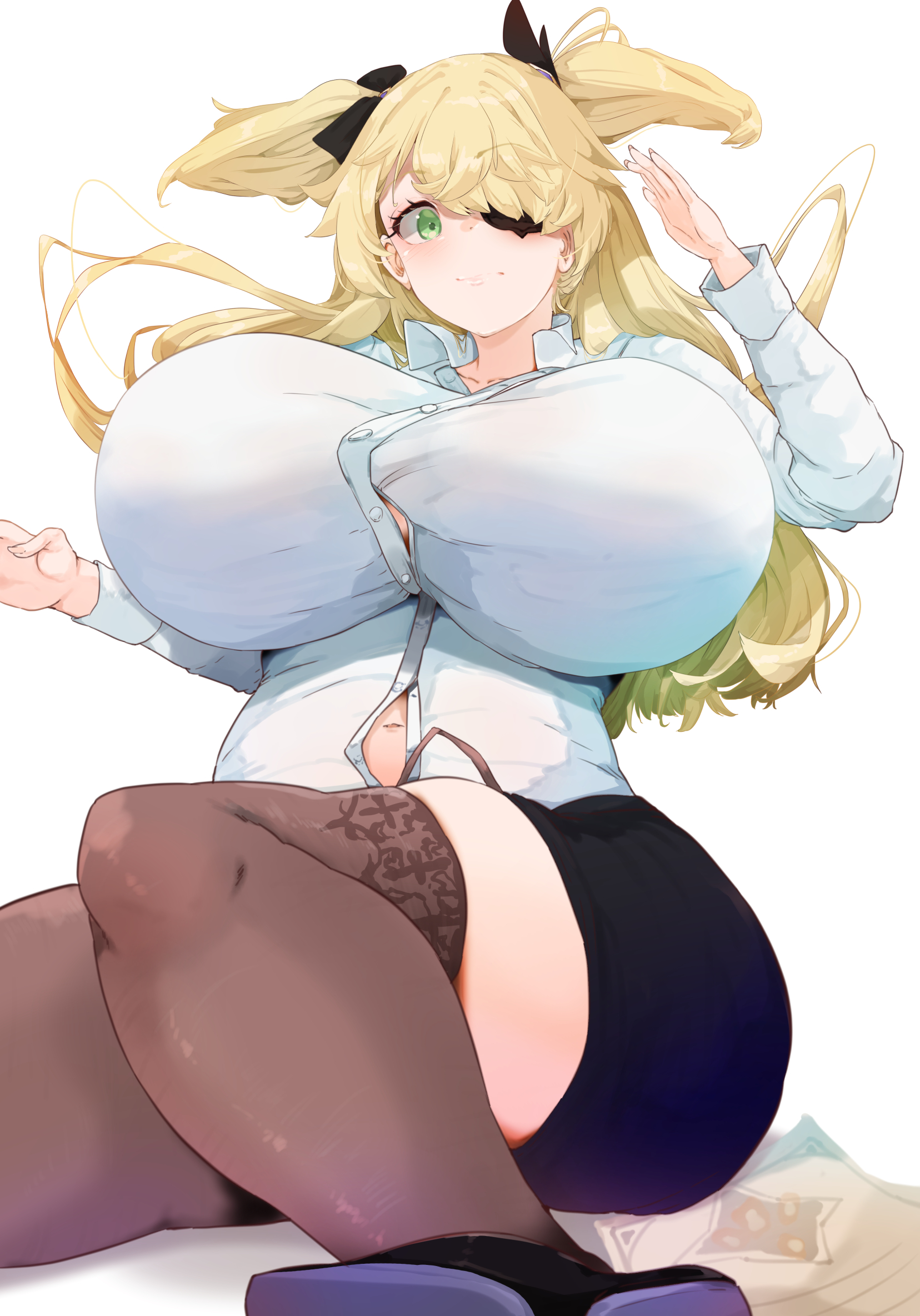 1girls, alternate breast size, blonde hair, breasts, buttons, curvy, curvy figure, eyepatch, female, fischl (genshin impact), genshin impact, green eyes, hi res, huge breasts, navel, okehazama kappon, skirt, thick thighs, thighhighs, voluptuous