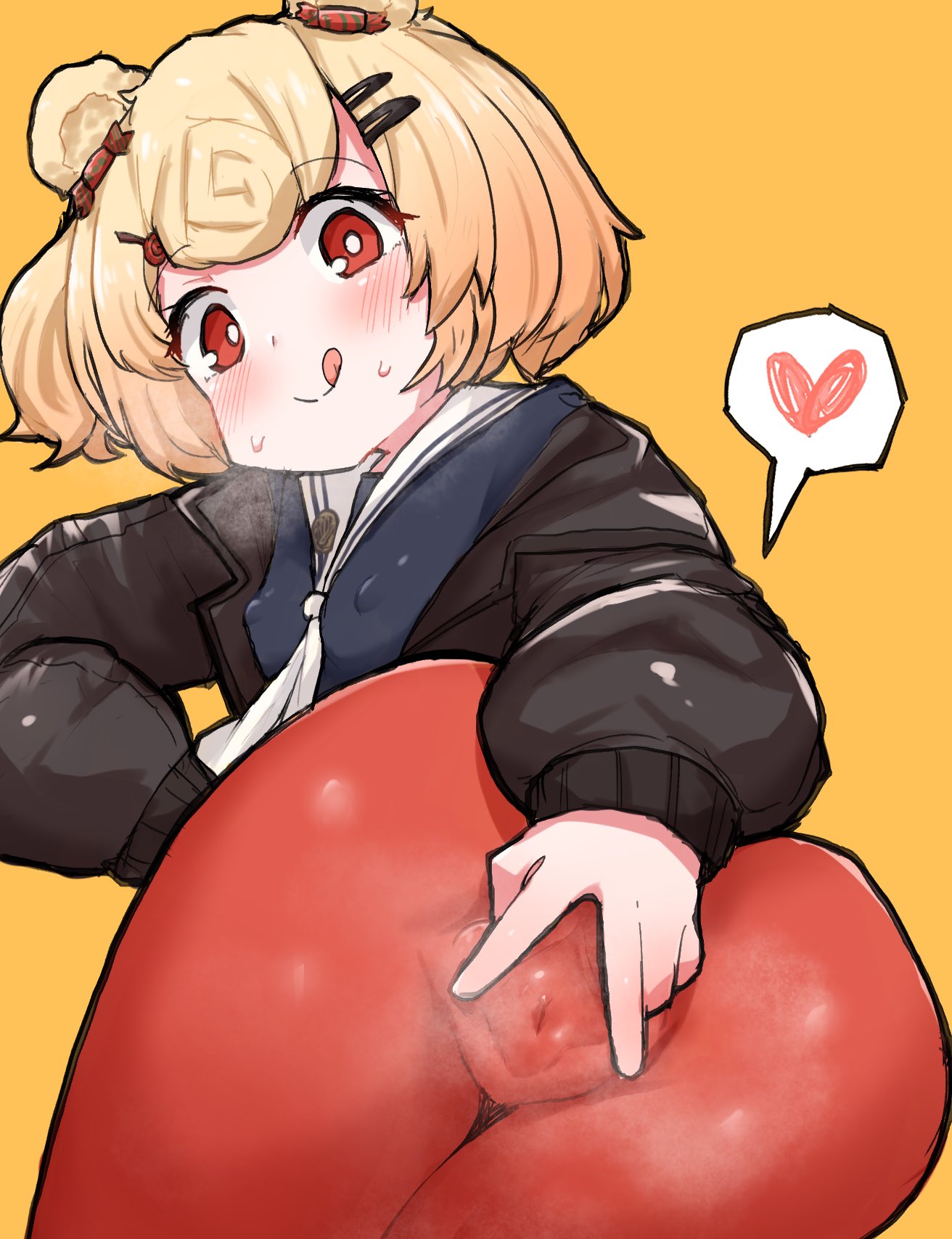 arknights ass blonde_hair double_bun female gradient_hair gummy_(arknights) hair_ornament hairclip heart highres multicolored_hair orange_background pussy red_eyes red_legwear sailor_collar short_hair spread_pussy spread_pussy_under_clothes tongue tongue_out