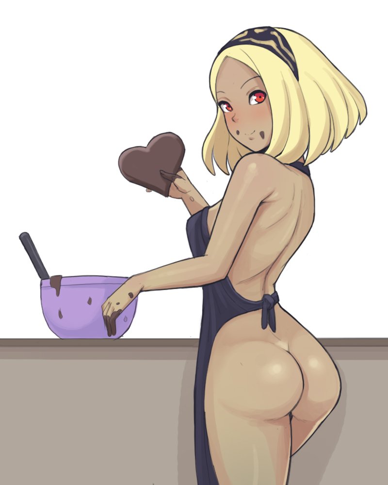 1girls alternate_hair_length ass big_ass blonde_hair blush bubble_ass bubble_butt chocolate chocolate_heart cooking dark-skinned_female dark_skin donburikazoku gravity_rush hairband kat_(gravity_rush) medium_hair naked_apron red_eyes smile solo solo_female tanned tanned_female white_background wholesome