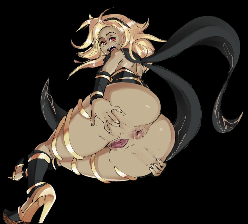 anus, blonde hair, dark skin, dark-skinned female, falling, female, gravity rush, hair, hairband, happy, high heels, kat (gravity rush), long hair, pussy, radlionheart, red eyes, shiny hair, smile, spreading, tanned, tanned female, thick thighs