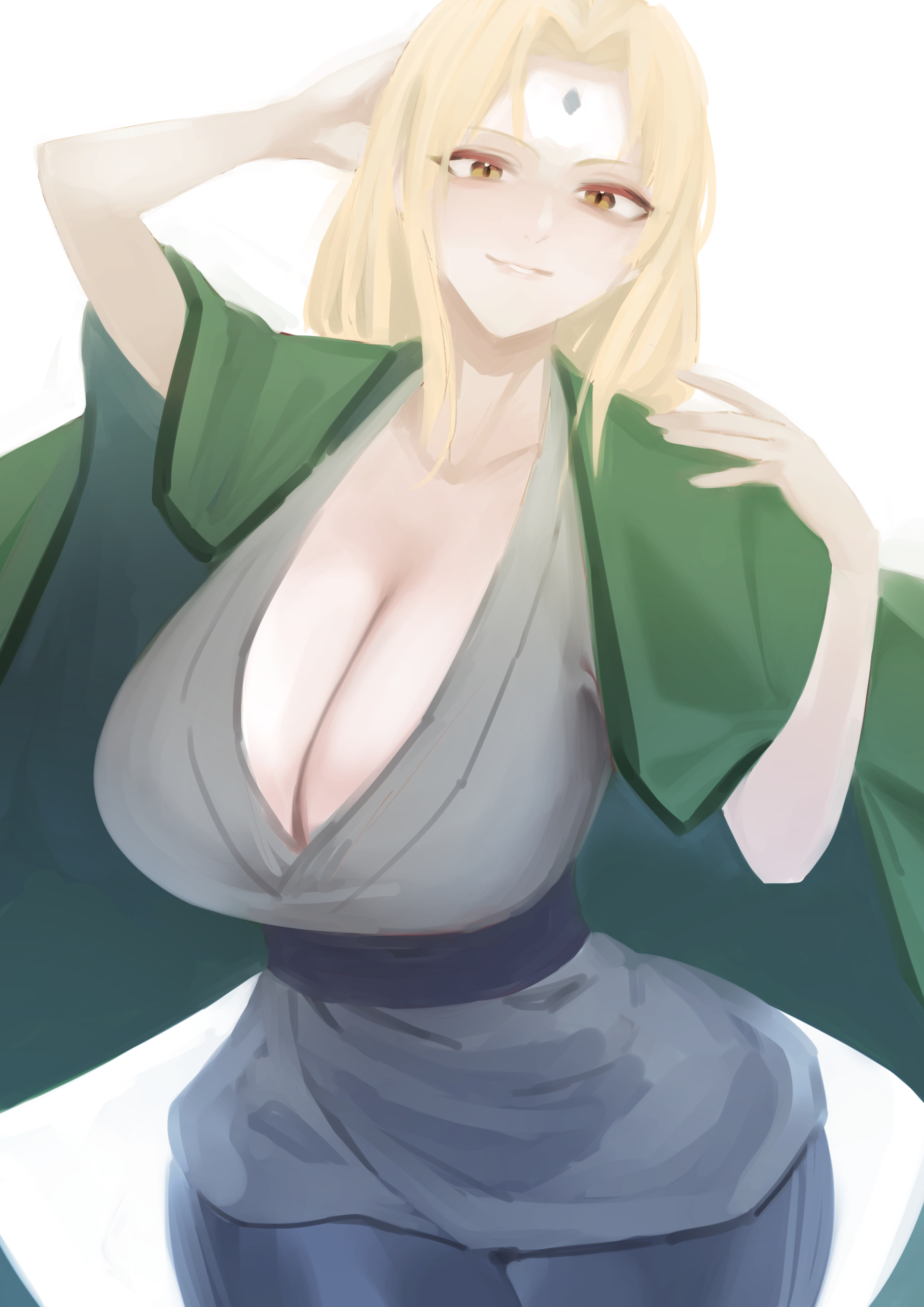 big breasts, blonde hair, breasts, breasts bigger than head, brown eyes, center opening, cleavage, female, female only, fully clothed, hourglass figure, huge breasts, large breasts, long hair, looking at viewer, mature, mature female, naruto, naruto (series), naruto shippuden, no bra, smile, solo, solo focus, tsunade, voluptuous, wide hips