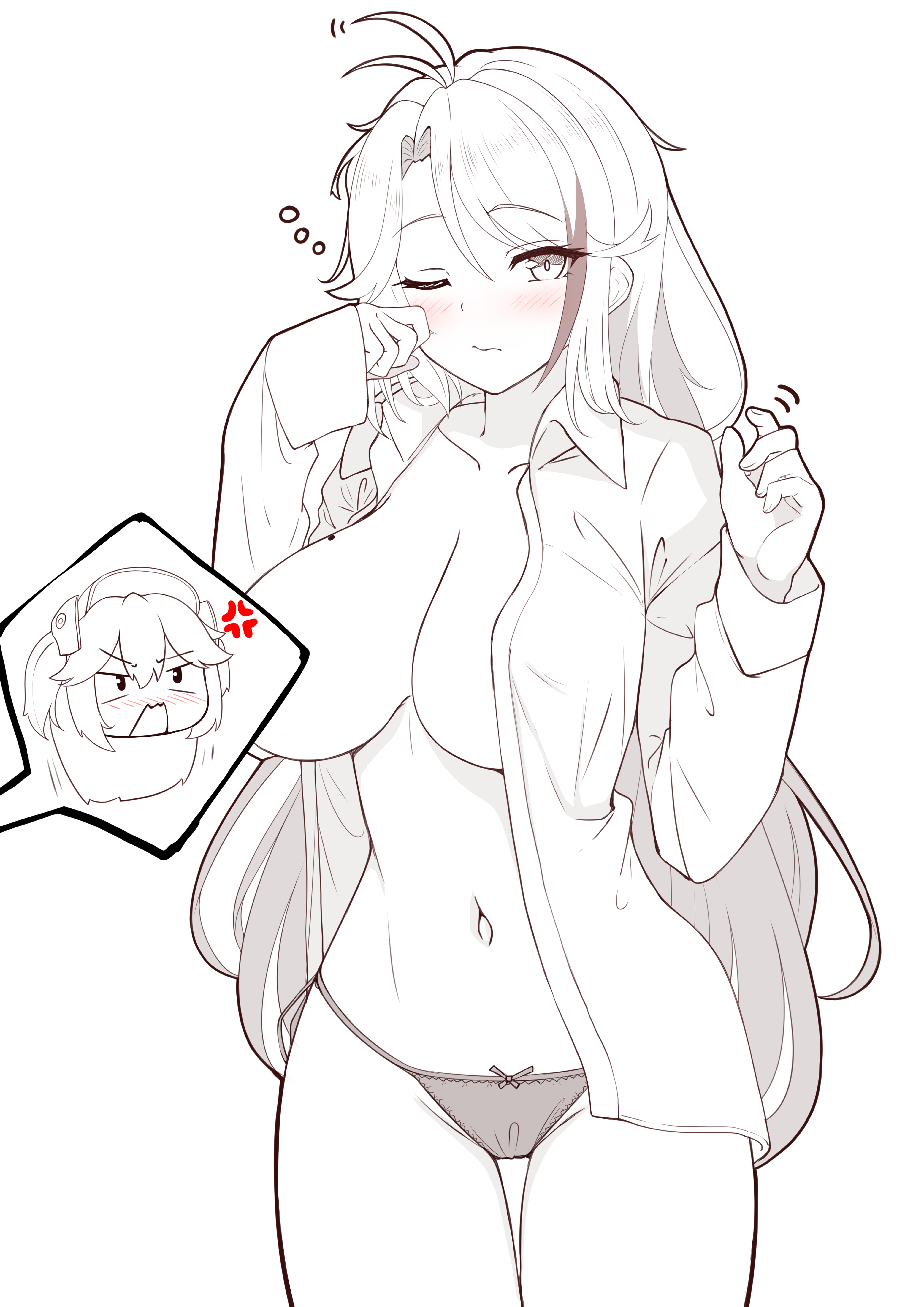 2girls, absurdres, admiral hipper (azur lane), anger vein, antenna hair, azur lane, bangs, blush, bow, bow panties, breasts, closed mouth, collared shirt, convenient censoring, dress shirt, eyebrows visible through hair, female, groin, hair between eyes, highres, large breasts, long hair, long sleeves, looking at viewer, monochrome, moyoron, multicolored hair, multiple females, multiple girls, navel, one eye closed, open clothes, open shirt, panties, parted bangs, prinz eugen (azur lane), shirt, simple background, sleepy, sleeves past wrists, solo focus, spot color, streaked hair, two side up, underwear, very long hair, white background