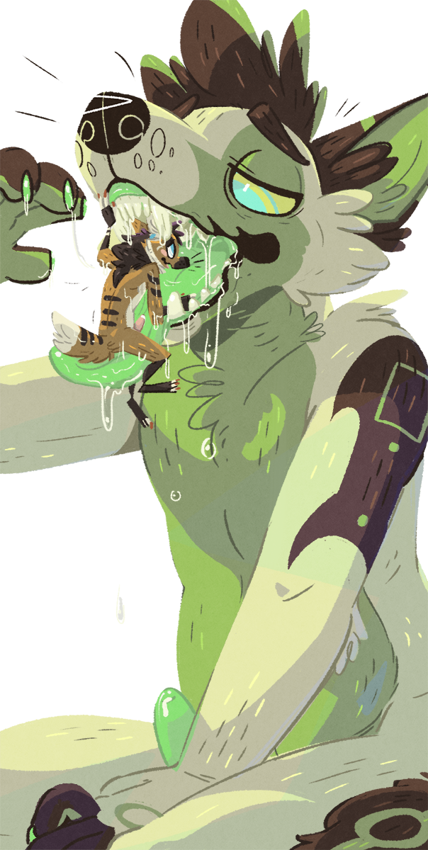 anthro bodily_fluids canid canine claws drooling duo erection fur genital_fluids genitals green_body green_fur green_penis green_tongue hi_res leaking_precum male male/male mammal maned_wolf markings multicolored_body multicolored_fur nude open_mouth oral_vore penis precum saliva sillyme simple_background sitting size_difference stripes tagme teeth tongue tongue_on_penis tongue_out vore white_background willing_vore