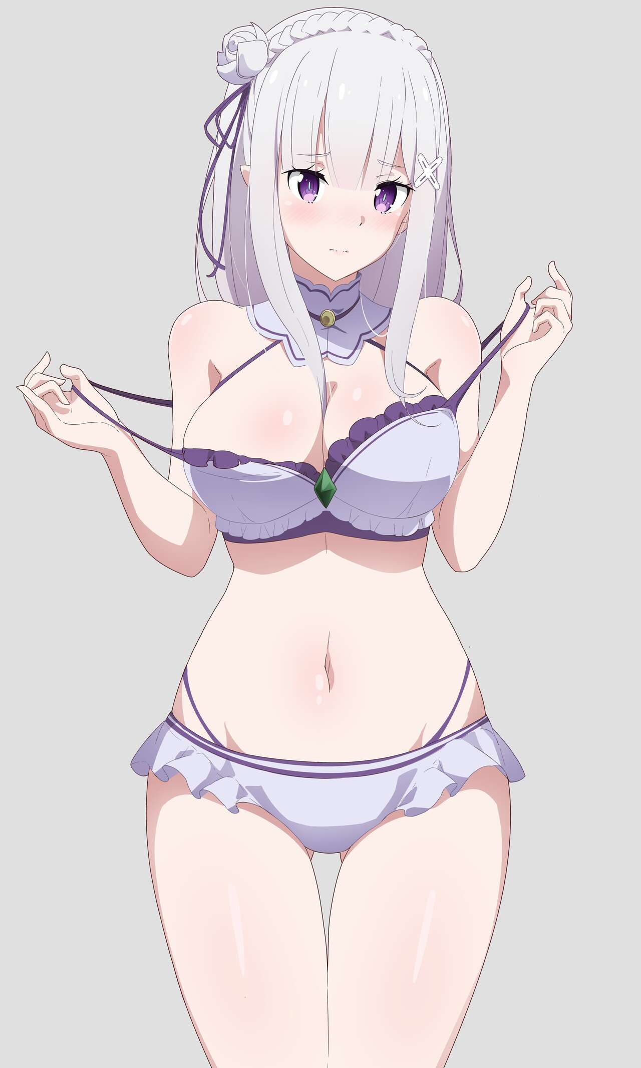 big breasts, blush, breasts, elf, elf ears, elf female, elf girl, emilia (re:zero), female, female focus, female only, green jewel, hair flower, hair ornament, half elf, huge breasts, large breasts, long hair, looking at viewer, miniskirt, neck jewelry, pointy ears, purple eyes, re:zero kara hajimeru isekai seikatsu, removing clothing, shoulder pads, shy, silver hair, solo, solo female, swimsuit, teenage female, teenager, thick thighs, thighs, thong, very long hair, white flower, white hair, x hair ornament