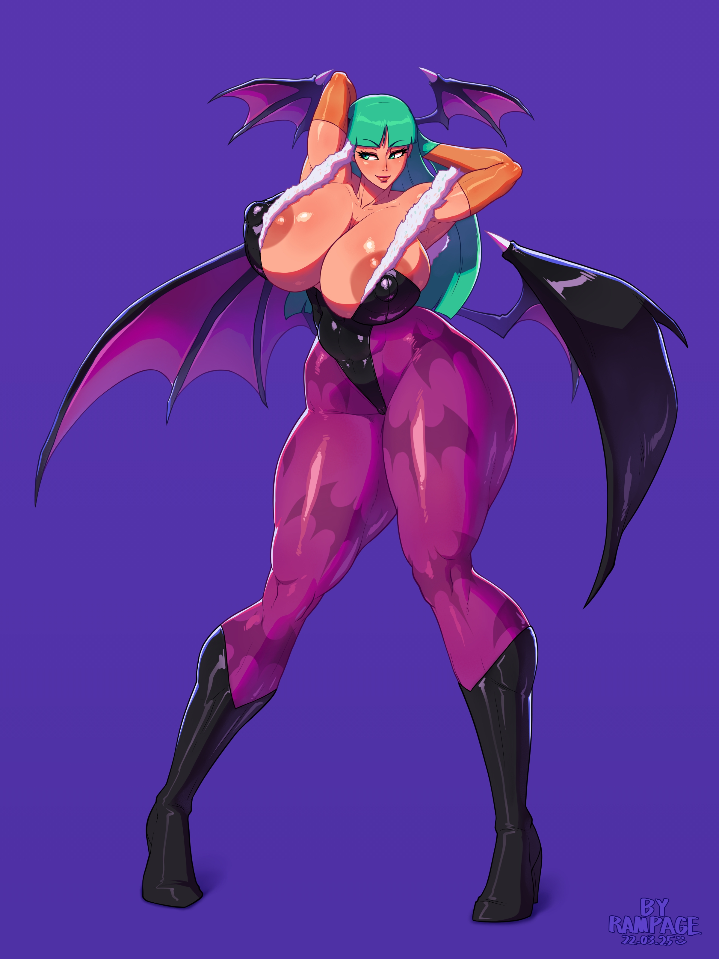 bat wings, breasts, capcom, cleavage, clothing, darkstalkers, demon, erect nipples, erect nipples under clothes, female, high heel boots, high heels, huge breasts, large breasts, morrigan aensland, nipples, rampage0118, solo, succubus, thick thighs, thin waist, venus body, voluptuous, wide hips