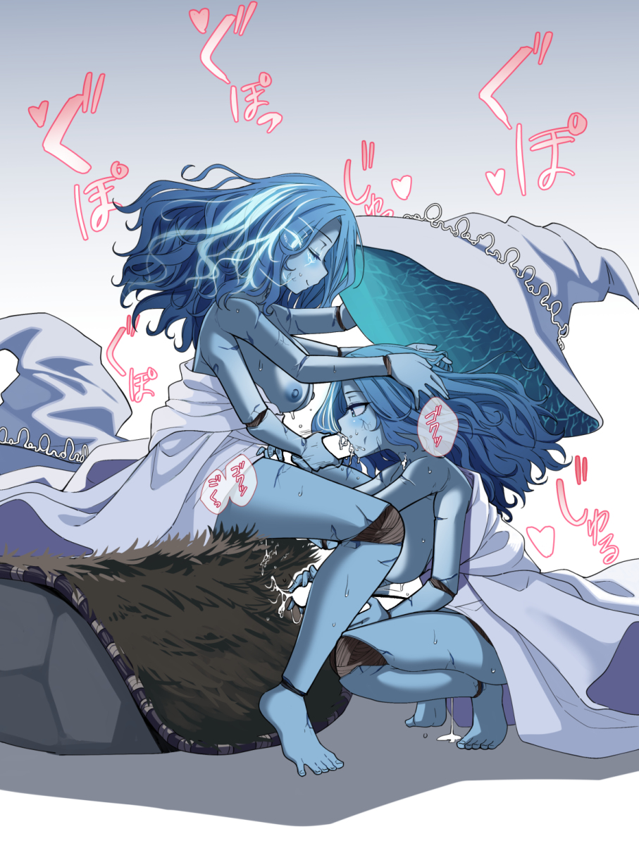 2d, 2futas, 4 arms, areolae, big penis, blue skin, breasts, censored, cum, cum drip, cumming from giving oral, doll, doll joints, duo, elden ring, erection, fellatio, fromsoftware, futa on futa, futa only, futanari, hat, humanoid, humanoid penis, intersex, japanese text, long hair, masturbating during fellatio, masturbation, multi arm, multi limb, oral, penis, ranni the witch, selfcest, sex, sitting, squatting, witch hat