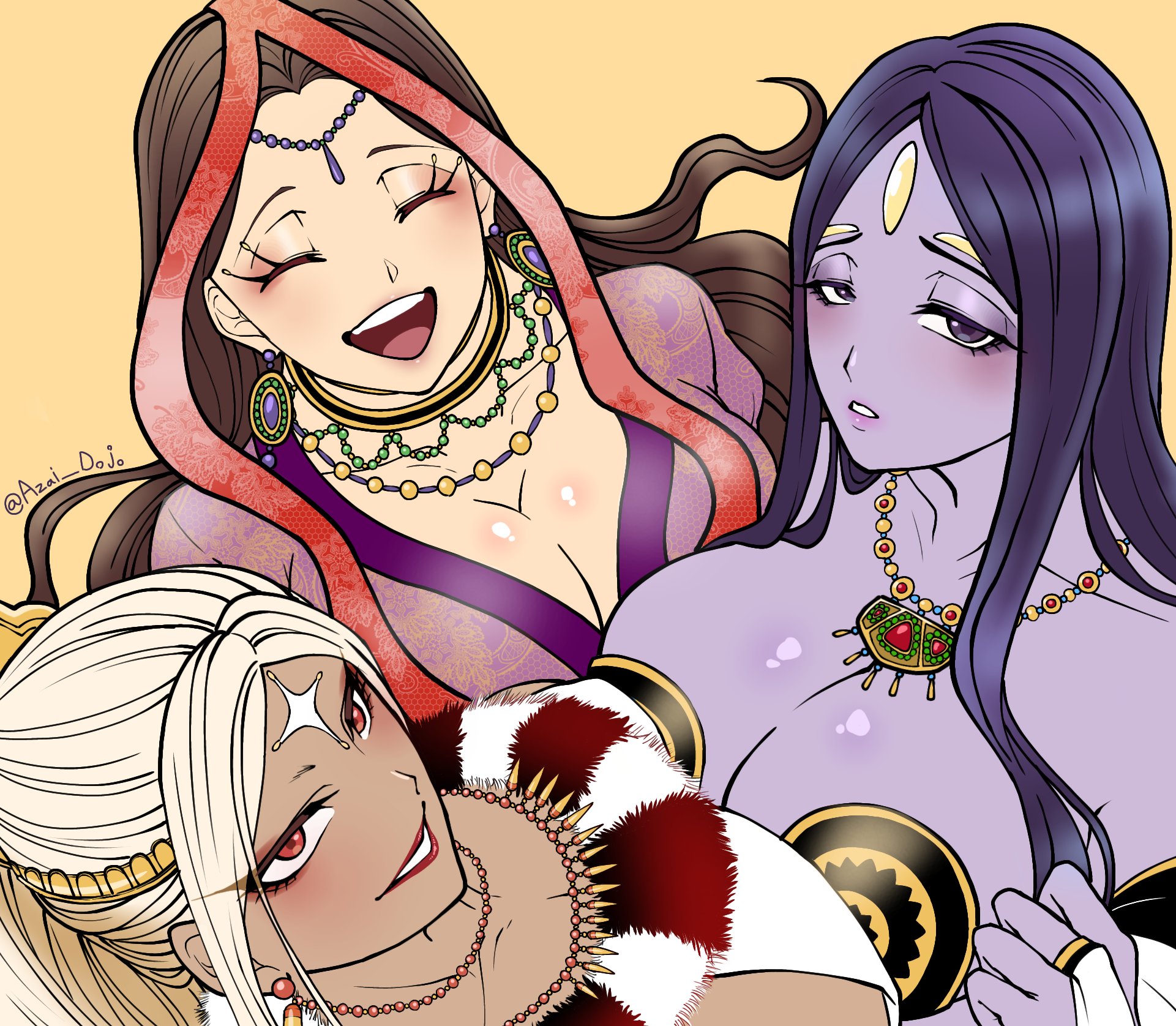 3girls, big breasts, breast press, breast to breast, breasts, brown hair, closed eyes, collar, durga (shuumatsu no valkyrie), excited, female, female focus, female only, hair ornament, happy female, kali (shuumatsu no valkyrie), long hair, looking at viewer, looking up, parvati (shuumatsu no valkyrie), purple hair, purple skin, red eyes, shuumatsu no valkyrie, submissive female, tagme, threesome, trio, trio focus, white hair