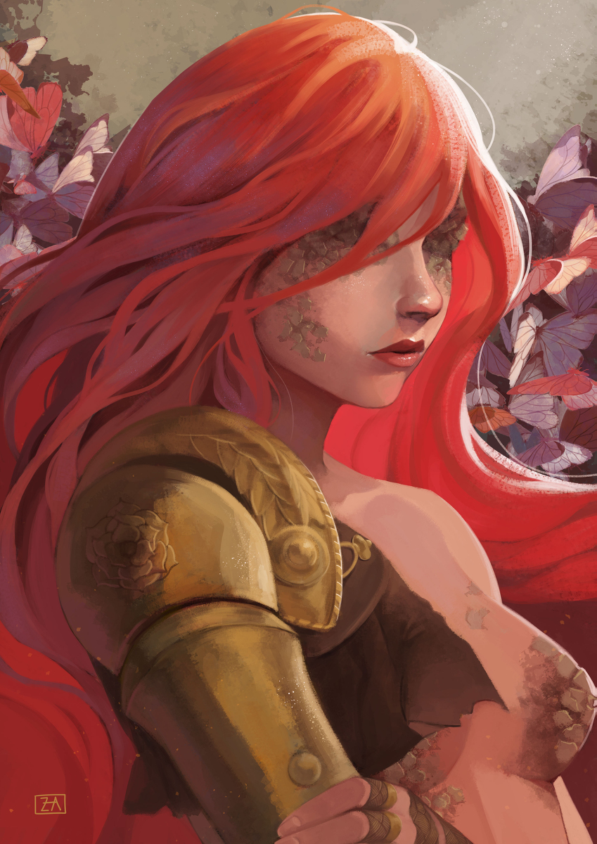 1girls, 2d, abs, elden ring, female, female only, fromsoftware, hanya zeta, light skin, light-skinned female, malenia blade of miquella, nude, prosthetic arm, red hair, solo, solo female