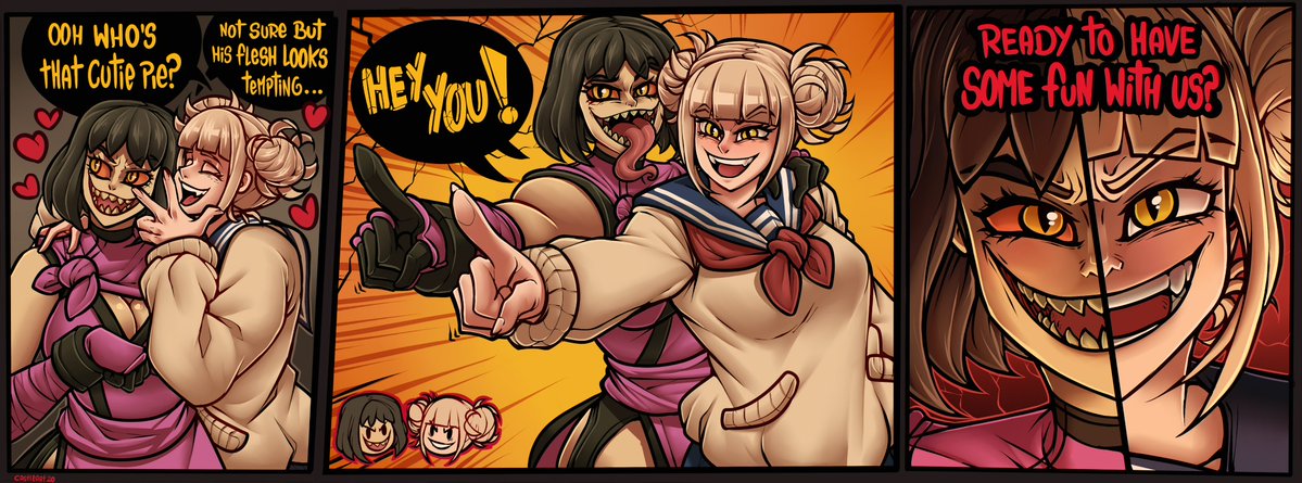 2d, 2girls, best friends, black hair, blonde hair, castleart, crazy eyes, crossover, dialogue, dialogue bubble, dont stick your dick in crazy, eastern and western character, evil grin, evil smile, fangs, female, female/female, heart, himiko toga, light skin, light-skinned female, male, mature female, mileena, monster girl, mortal kombat, mortal kombat 11, my hero academia, netherrealm studios, nightmare waifu, ninja, penis, pointing, schoolgirl uniform, sharp teeth, smiling, smiling at viewer, speech bubble, tarkatan, teeth, tongue, tongue out, villainess, whispering, yandere, yanderes, yellow eyes