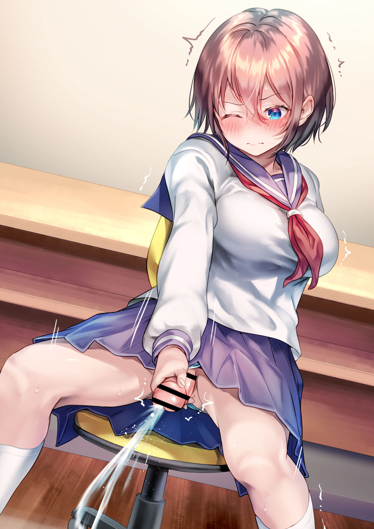 1futa, animal ears, ayanakitori, bar censor, big breasts, big penis, blush, breasts, brown hair, censored, chair, clothed, clothing, cum, cumdrip, cumshot, detailed background, ejaculation, erection, female, futa only, futanari, handjob, intersex, light skin, light-skinned futa, masturbation, mostly clothed, one eye closed, orgasm, penis, penis grab, school uniform, schoolgirl, short hair, sitting, skirt, socks, white socks