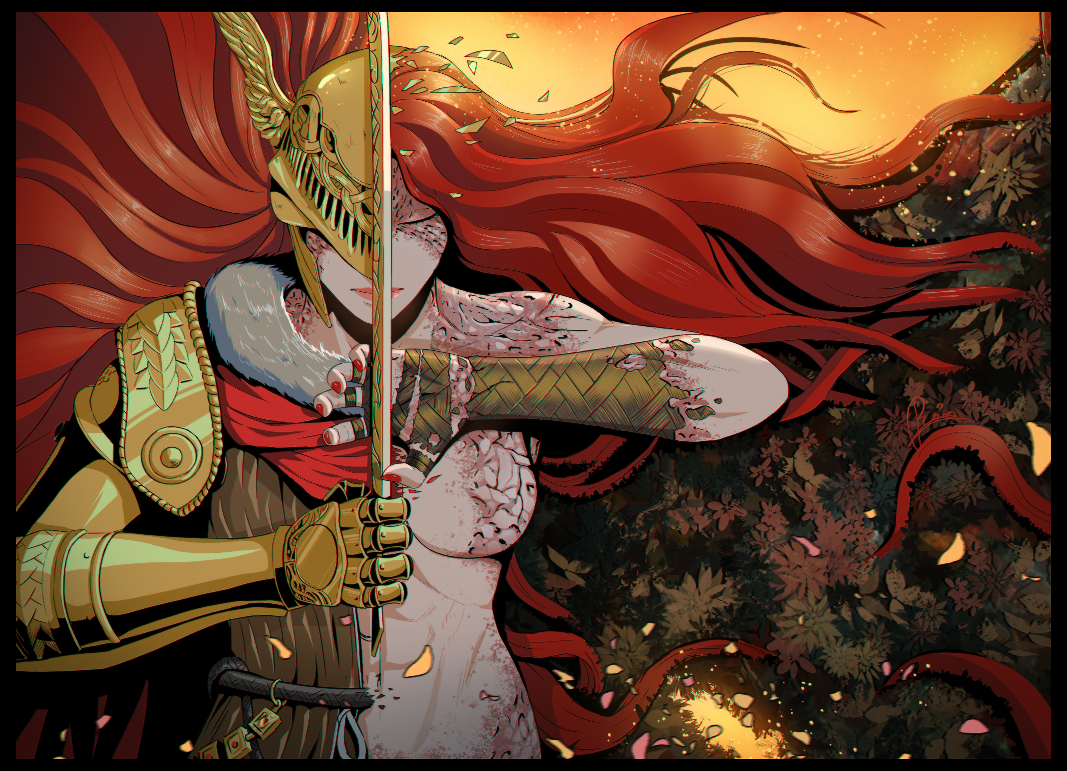 1girls, 2d, abs, bao nguyen, elden ring, female, female only, fromsoftware, light skin, light-skinned female, malenia blade of miquella, nude, prosthetic arm, red hair, solo, solo female
