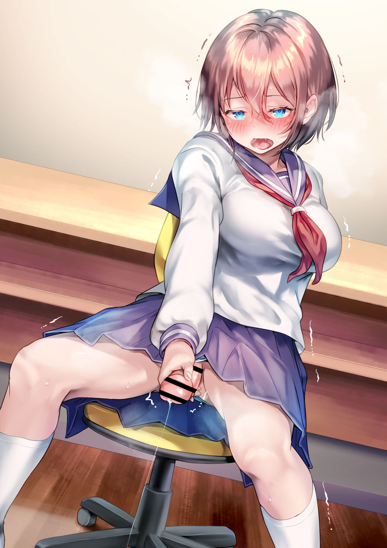 1futa, after masturbation, after orgasm, ahe gao, animal ears, ayanakitori, bar censor, big breasts, big penis, blush, breasts, brown hair, censored, chair, clothed, clothing, cumdrip, detailed background, erection, female, full body, futa only, futanari, half-closed eyes, handjob, intersex, light skin, light-skinned futa, masturbation, mostly clothed, penis, penis grab, school uniform, schoolgirl, short hair, sitting, skirt, socks, trembling, twitch lines, white socks