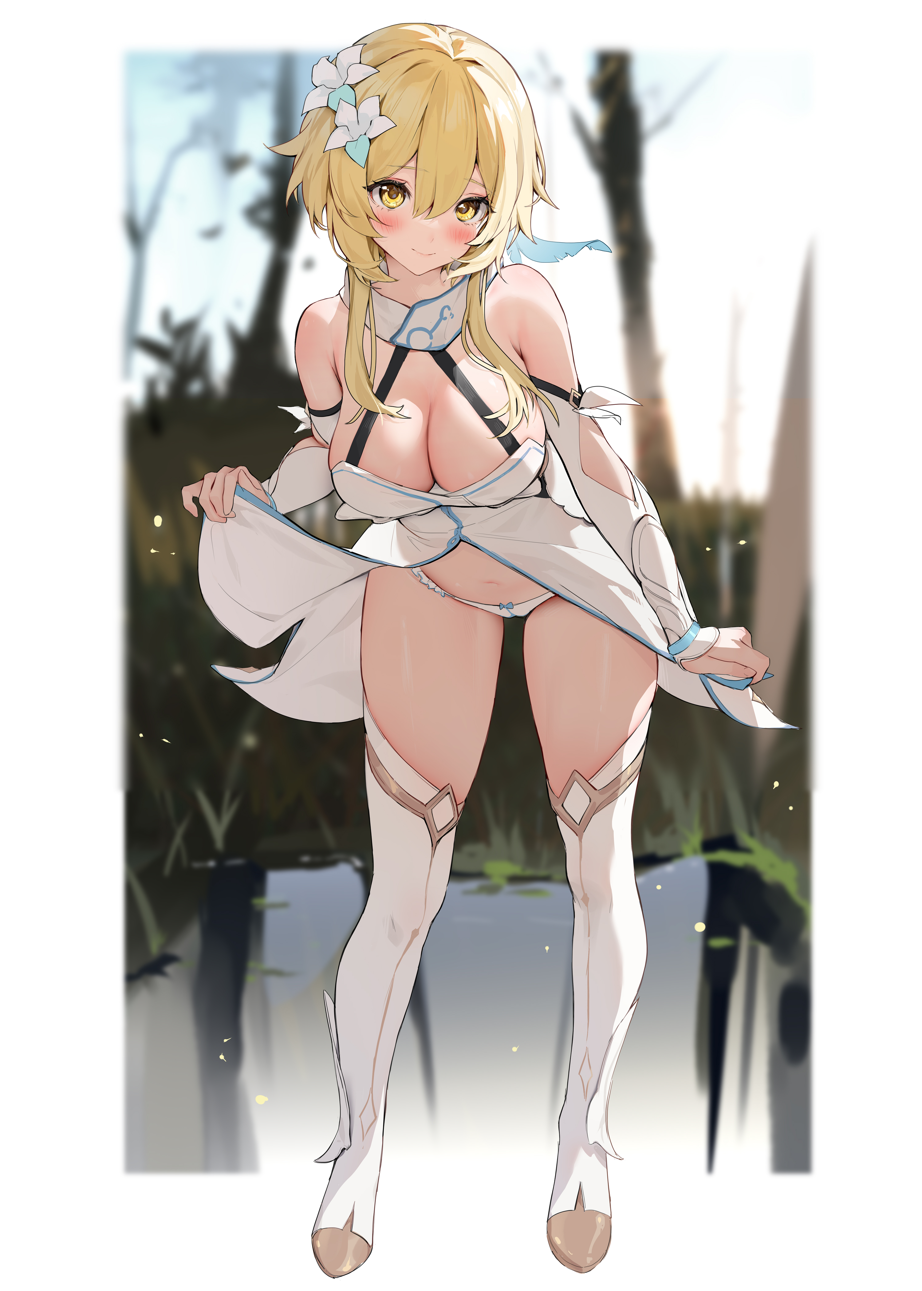 blonde hair, blush, breasts, clothes lift, detached sleeves, dress lift, exhibitionism, female, full body, genshin impact, hair flower, highres, houkiboshi (mmjw7432), leaning forward, lifted by self, looking at viewer, lumine (genshin impact), navel, panties, public exposure, sidelocks, solo, thigh boots, underwear, white border, white dress, white panties, yellow eyes