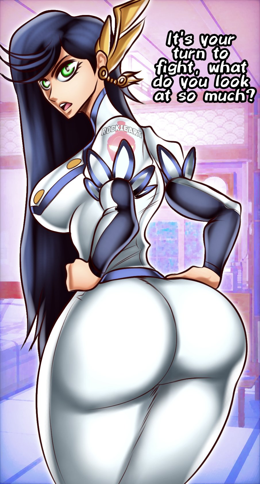 ass, ass focus, big ass, blue hair, brunhilde (shuumatsu no valkyrie), curvy, curvy body, curvy female, curvy figure, female, green eyes, long hair, rockie art, shuumatsu no valkyrie, tight clothing, tight fit, toned, toned body, toned female
