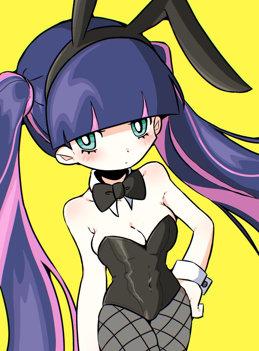 1girls, belly button, belly button visible through clothing, bow tie, bunnysuit, cleavage, female, fishnets, navel visible through clothes, panty & stocking with garterbelt, pink highlights, purple hair, snale (04119 snail), solo female, stocking anarchy, twintails, yellow background