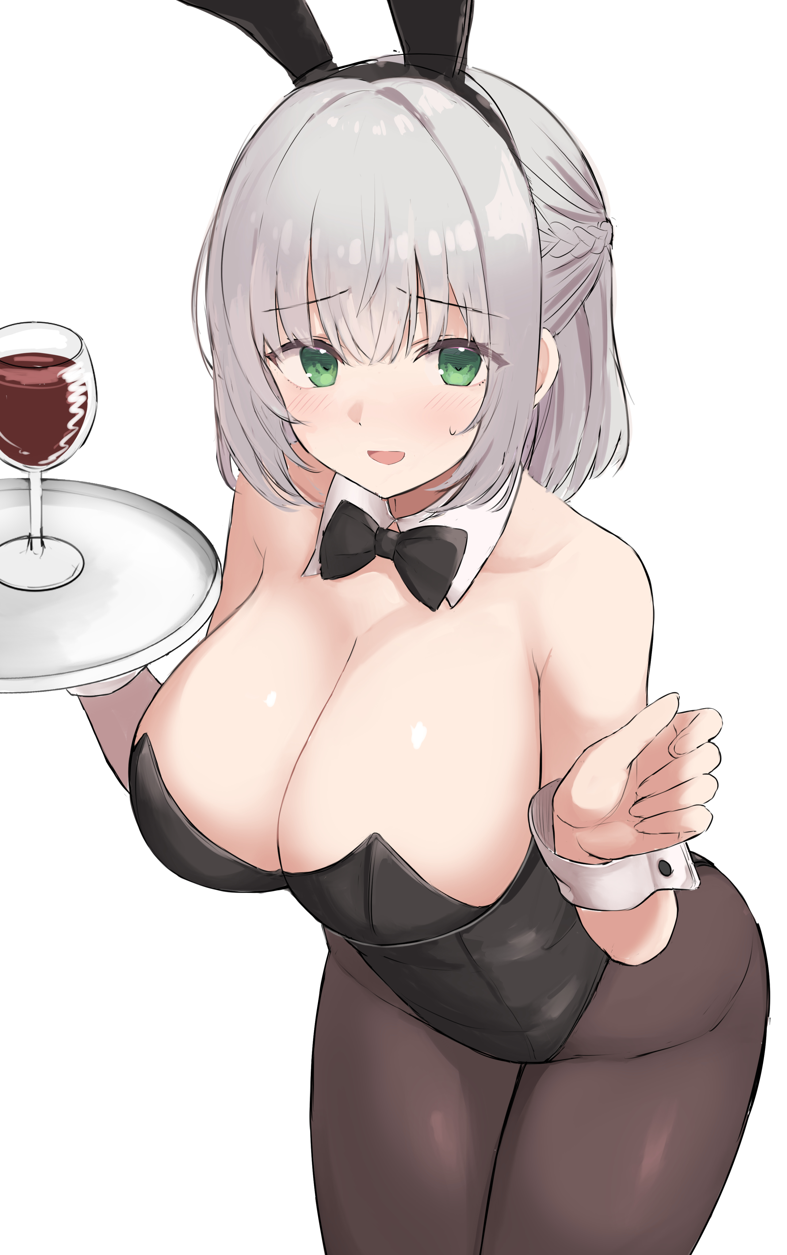 1girls, 2022, absurdres, animal ears, bangs, bare shoulders, black bow, black bowtie, black hairband, black leotard, blush, bow, bowtie, braid, breasts, brown legwear, bunny ears, cleavage, cup, detached sleeves, drinking glass, eyebrows visible through hair, fake animal ears, female, female focus, female only, green eyes, hairband, highres, holding, holding tray, hololive, hololive fantasy, hololive japan, large breasts, leotard, looking at viewer, nekohuman221 (tsun221), pantyhose, shirogane noel, short hair, silver hair, smile, solo, solo female, strapless, strapless leotard, tray, virtual youtuber, wrist cuffs