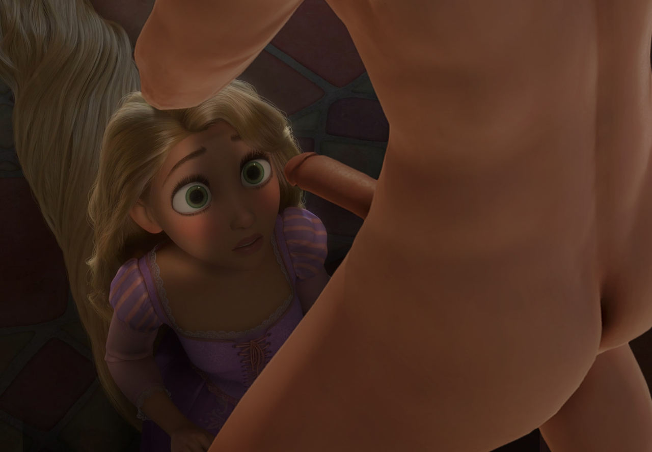 1boy, 1girls, before oral, before sex, clothed female nude male, disney, disney princess, erection, female, hand on head, looking at penis, looking up, male, nude, nude male, penis, rapunzel, tangled, unknown artist, very long hair
