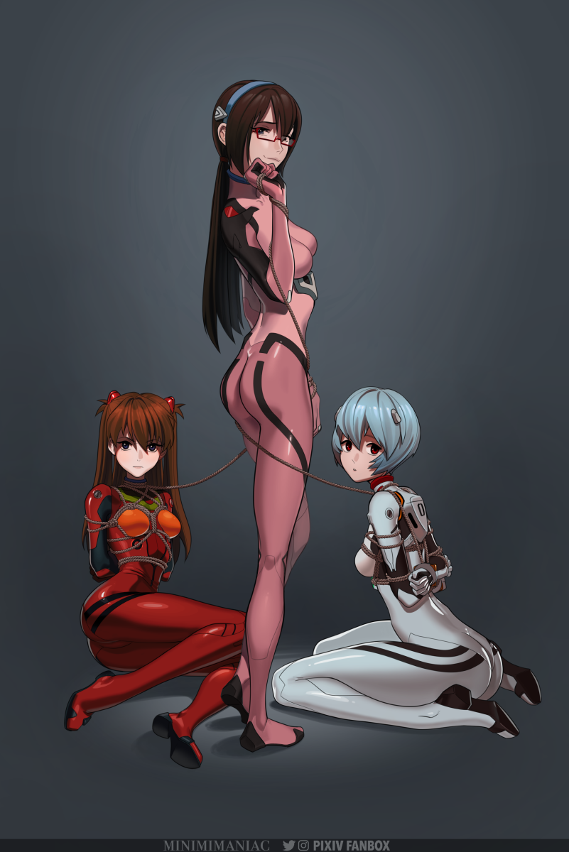 3girls ass asuka_langley_sohryu blue_hair bodysuit bondage boots box_tie breasts brown_hair clothed clothing female female_only femdom femsub glasses hi_res human lezdom lezsub light_skin light_skinned_female long_hair looking_at_viewer looking_back mari_illustrious_makinami medium_breasts minimimaniac multiple_girls multiple_subs neon_genesis_evangelion orange_hair pale-skinned_female pale_skin plugsuit png presenting rebuild_of_evangelion rei_ayanami rope rope_between_breasts rope_bondage short_hair skin_tight small_breasts smirk