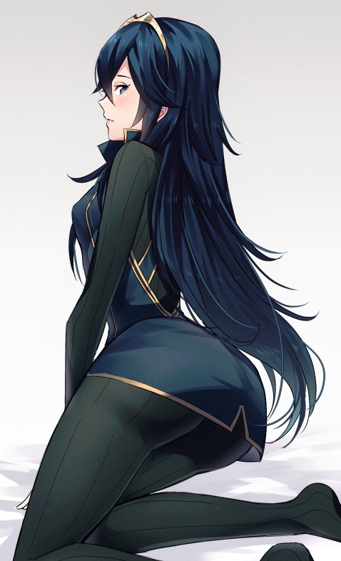 1girls, ameno (a meno0), ass, big ass, blue eyes, breasts, female, female only, fire emblem, fire emblem awakening, grey background, kneeling, long hair, long sleeves, looking at viewer, looking back, lucina (fire emblem), nintendo, open mouth, pantyhose, small breasts, solo, sweater, symbol-shaped pupils, tiara